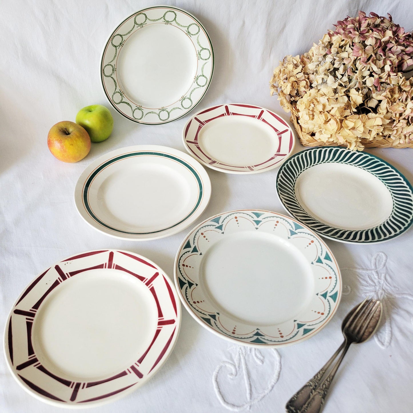 SET of 6 mismatched red/green transferware ironstone small dinner plates, French vintage, Badonviller, Sarreguemines, St Amand