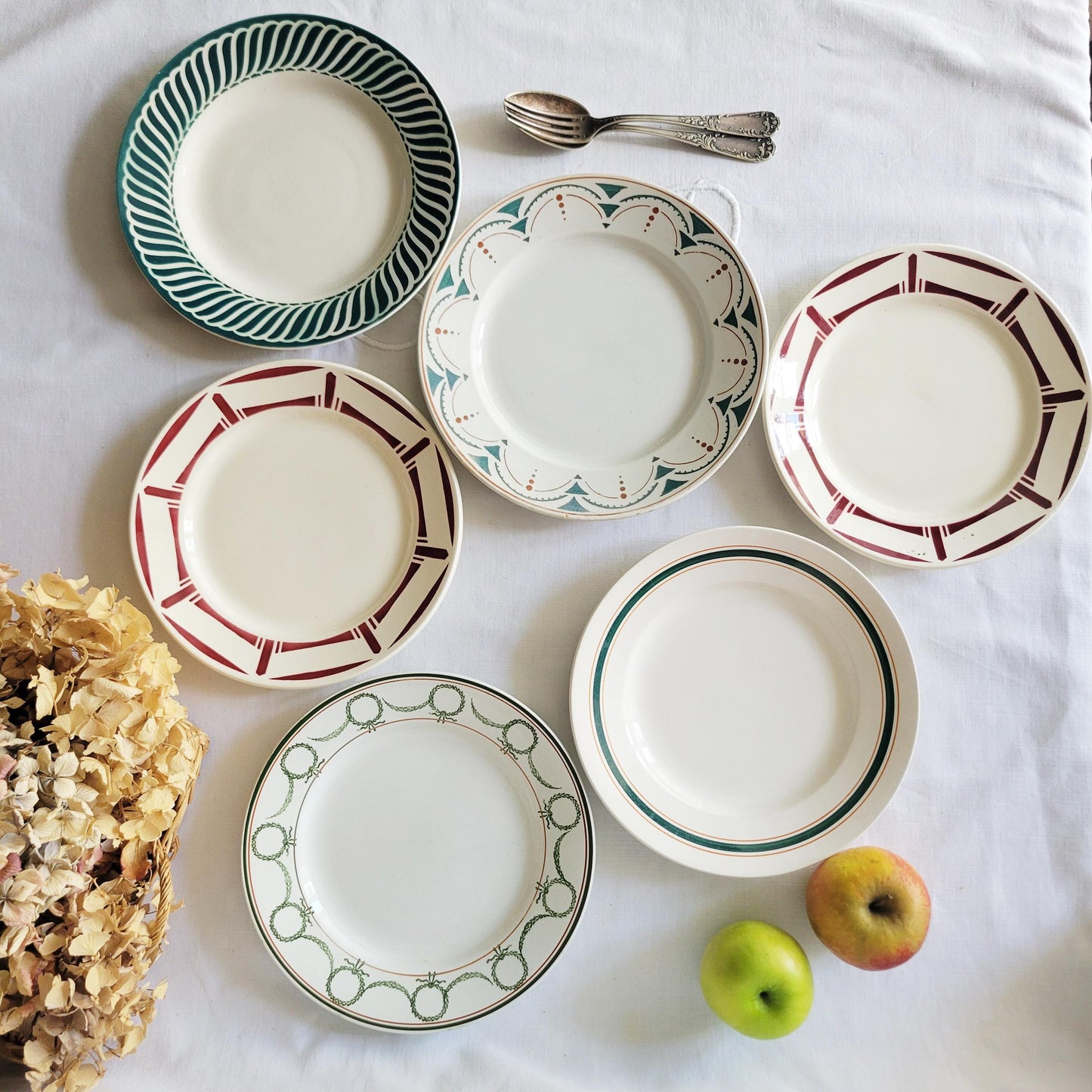 SET of 6 mismatched red/green transferware ironstone small dinner plates, French vintage, Badonviller, Sarreguemines, St Amand