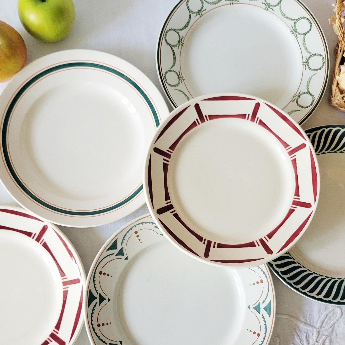 SET of 6 mismatched red/green transferware ironstone small dinner plates, French vintage, Badonviller, Sarreguemines, St Amand