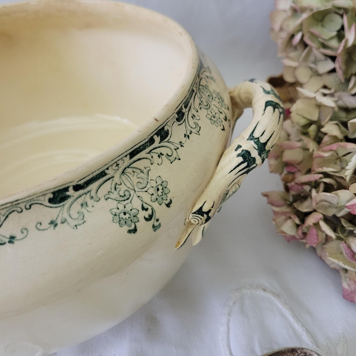 Antique French Sarreguemines Soupiere: Green Floral Transferware, 'Mignon' c1900