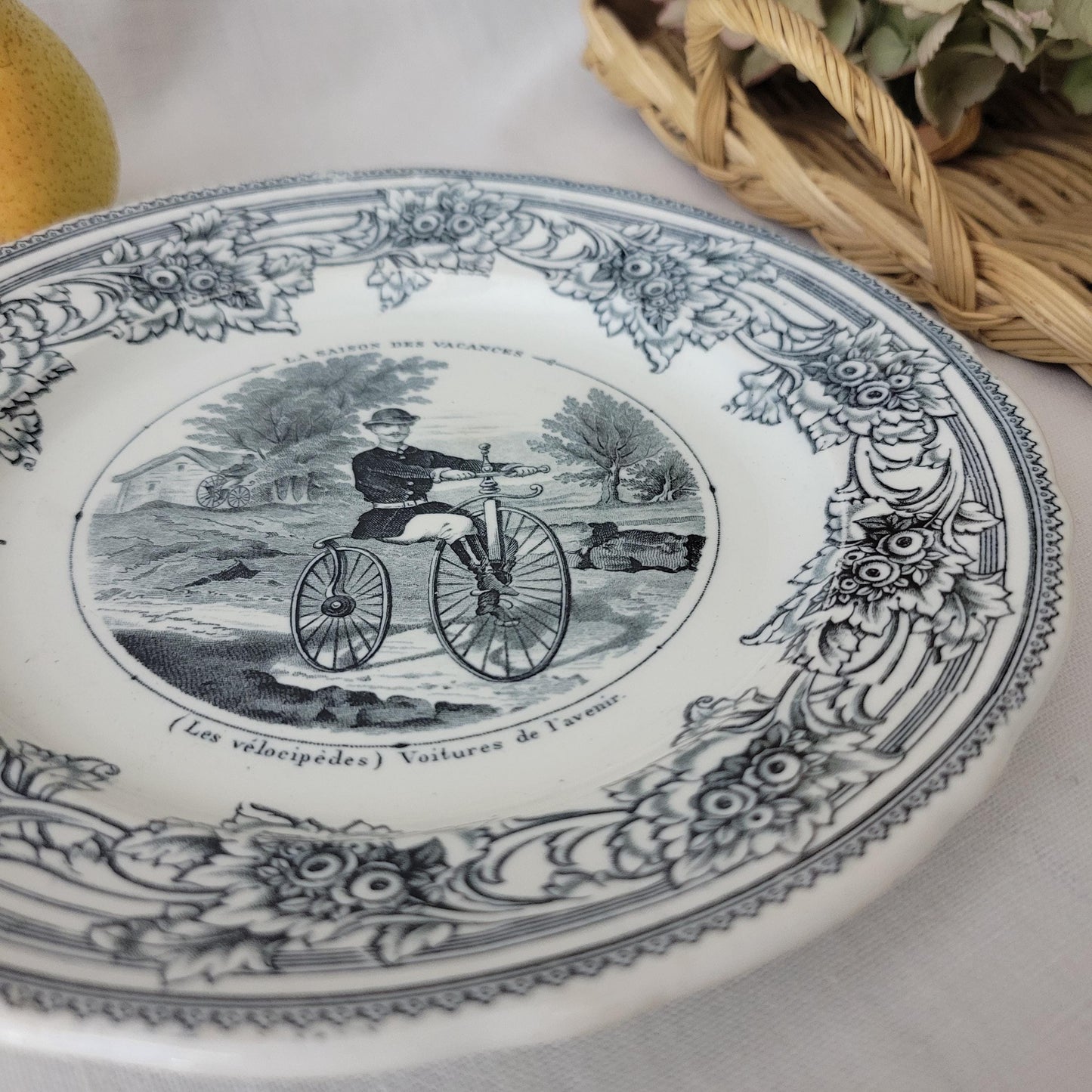 Antique French Black Transferware Cycling Plate: Jules Vieillard Bordeaux, c1880
