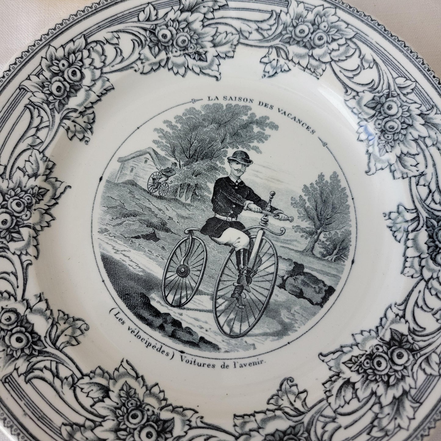 Antique French Black Transferware Cycling Plate: Jules Vieillard Bordeaux, c1880