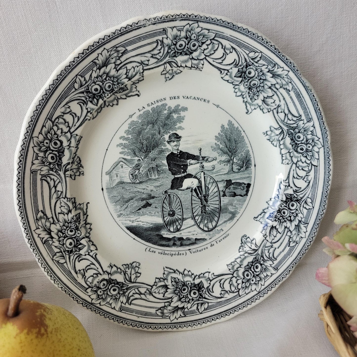 Antique French Black Transferware Cycling Plate: Jules Vieillard Bordeaux, c1880