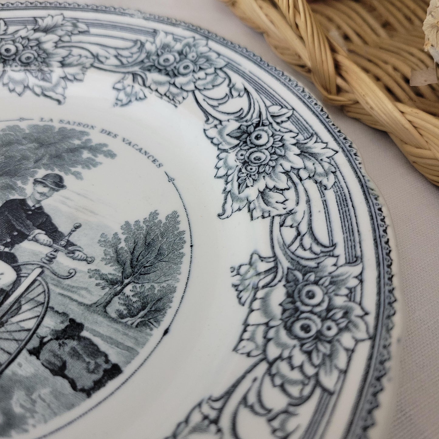 Antique French Black Transferware Cycling Plate: Jules Vieillard Bordeaux, c1880