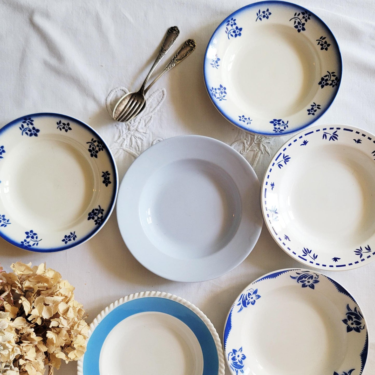 Set 6 French mismatched French faience soup bowls blue on white transferware, stencil painted ensemble  France c1900-60
