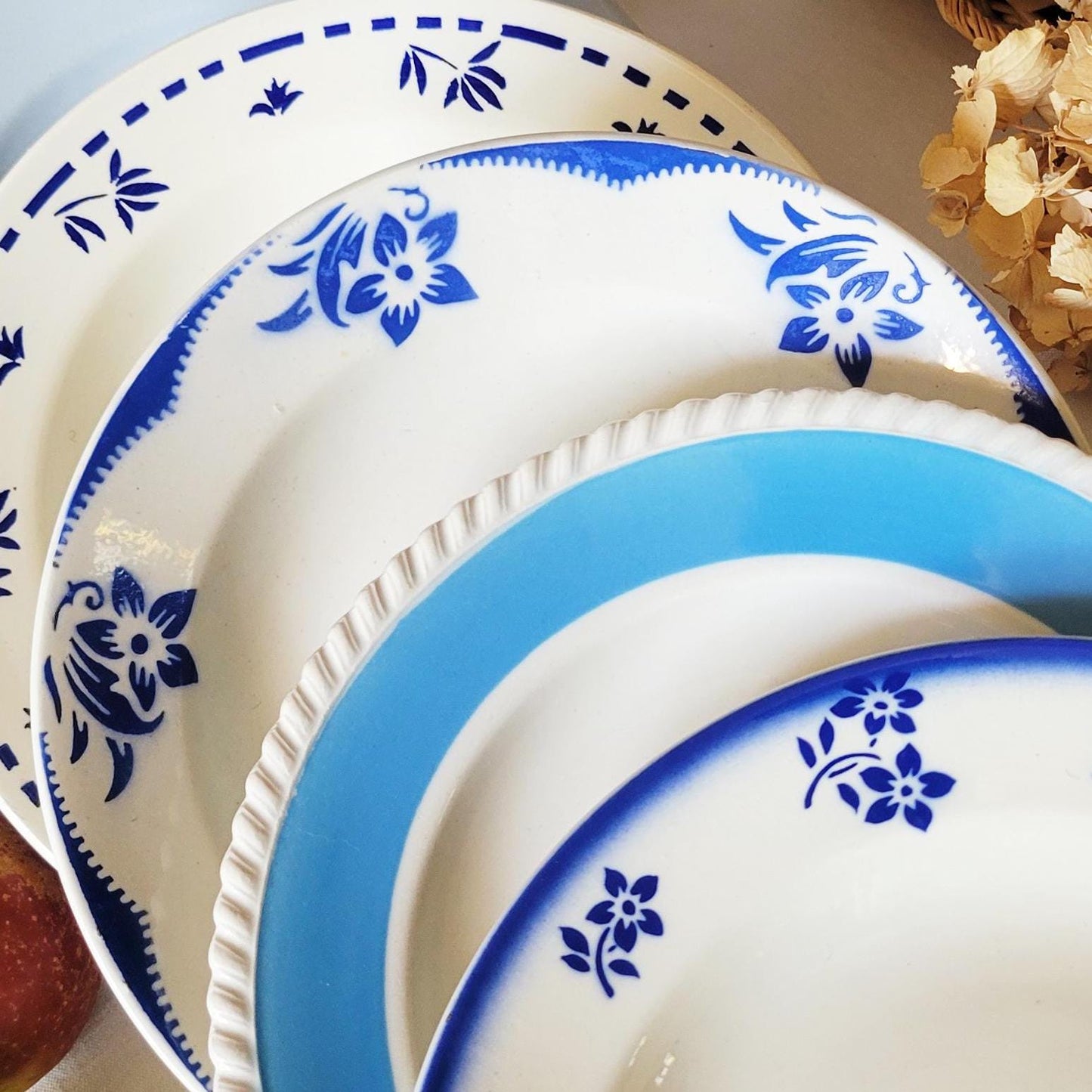 Set 6 French mismatched French faience soup bowls blue on white transferware, stencil painted ensemble  France c1900-60