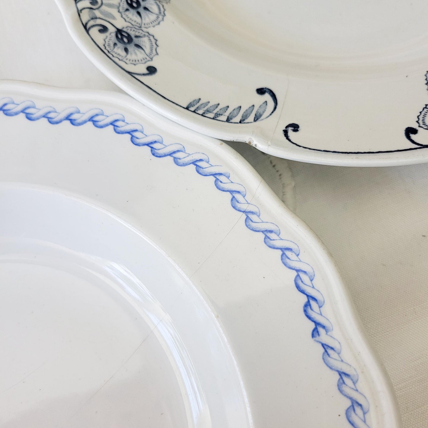 Antique French Mismatched Ironstone Shabby Wall Plates - Set of 8 Blue Floral Transferware