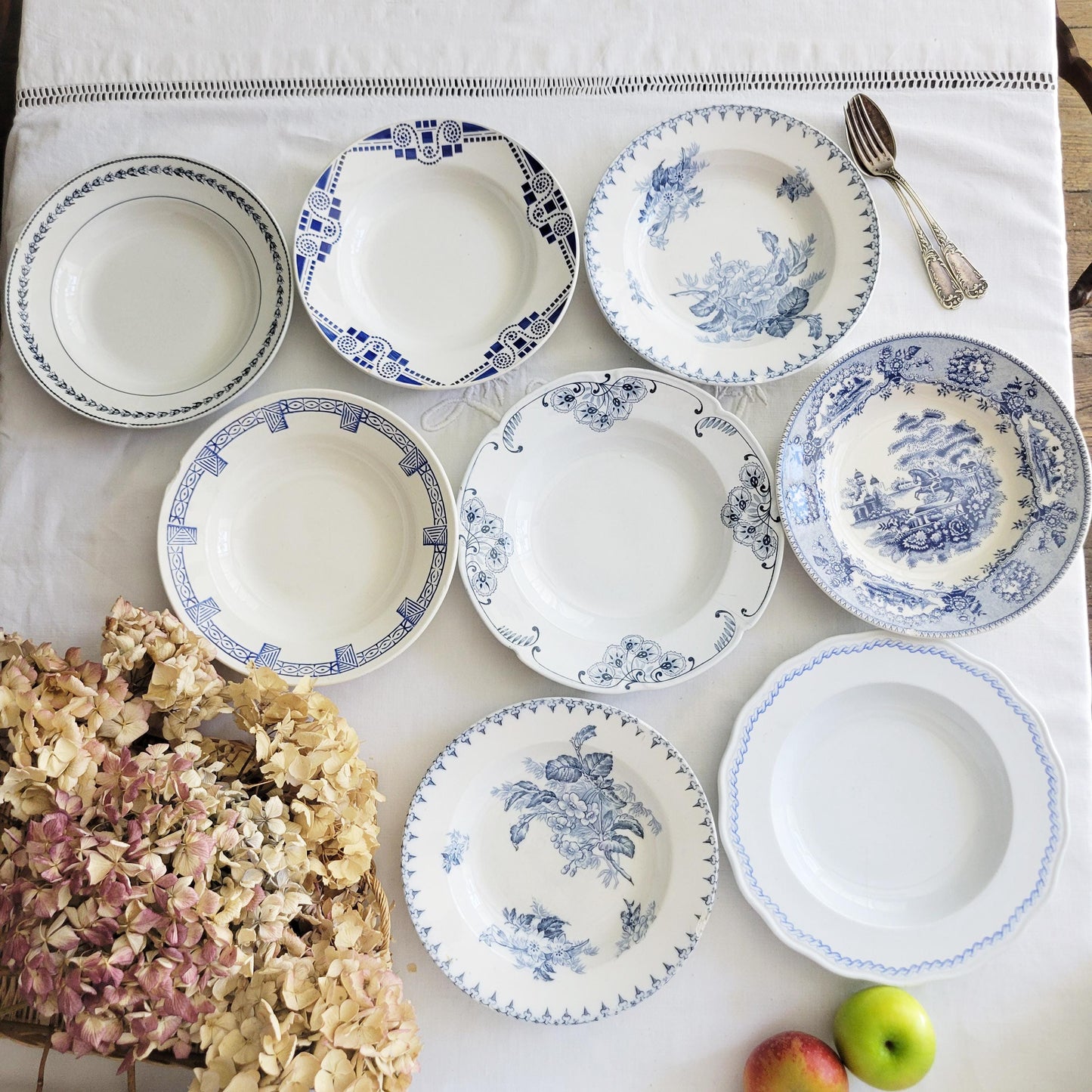 Antique French Mismatched Ironstone Shabby Wall Plates - Set of 8 Blue Floral Transferware
