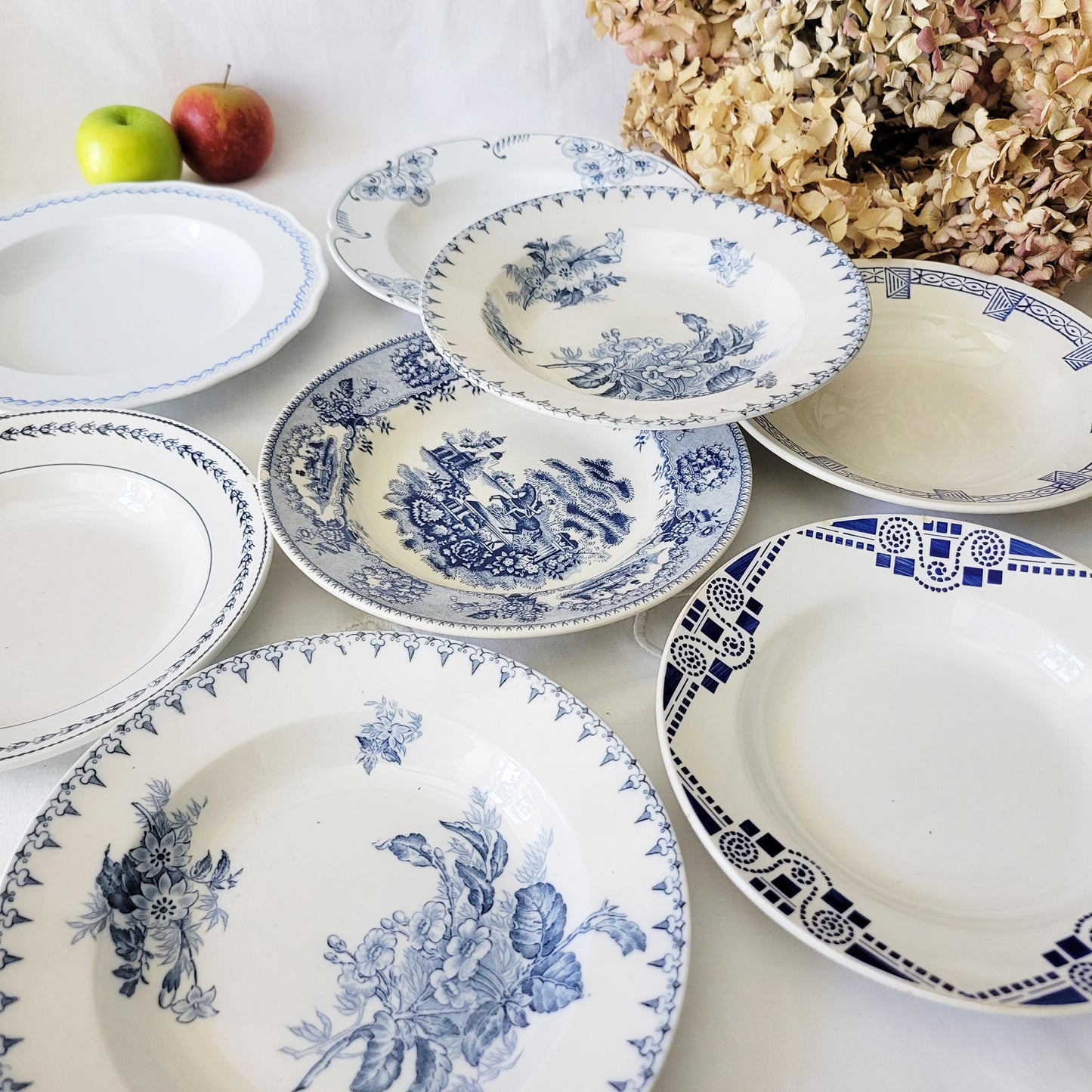 Antique French Mismatched Ironstone Shabby Wall Plates - Set of 8 Blue Floral Transferware