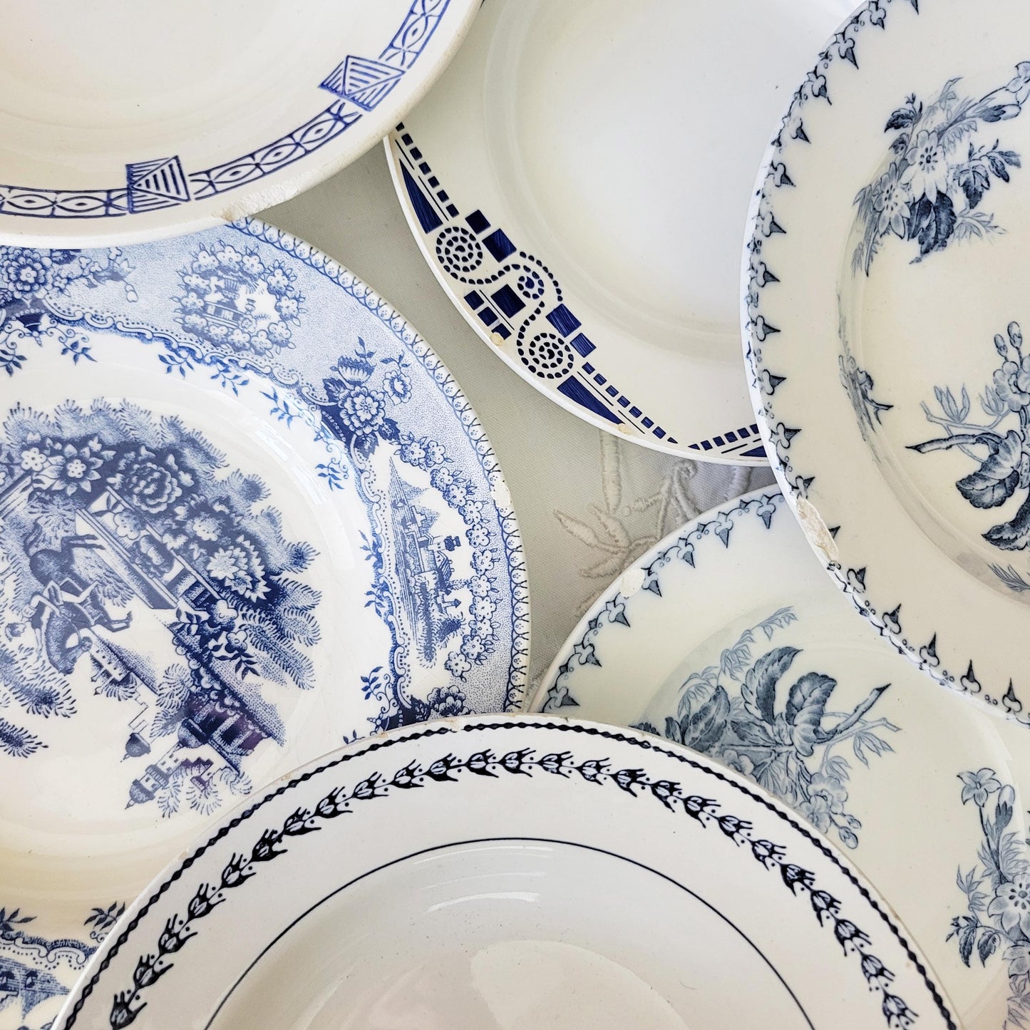 Antique French Mismatched Ironstone Shabby Wall Plates - Set of 8 Blue Floral Transferware
