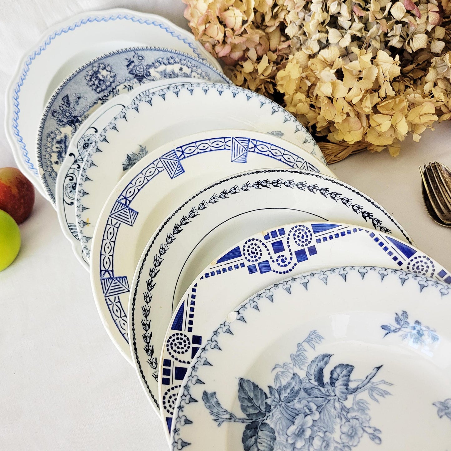 Antique French Mismatched Ironstone Shabby Wall Plates - Set of 8 Blue Floral Transferware