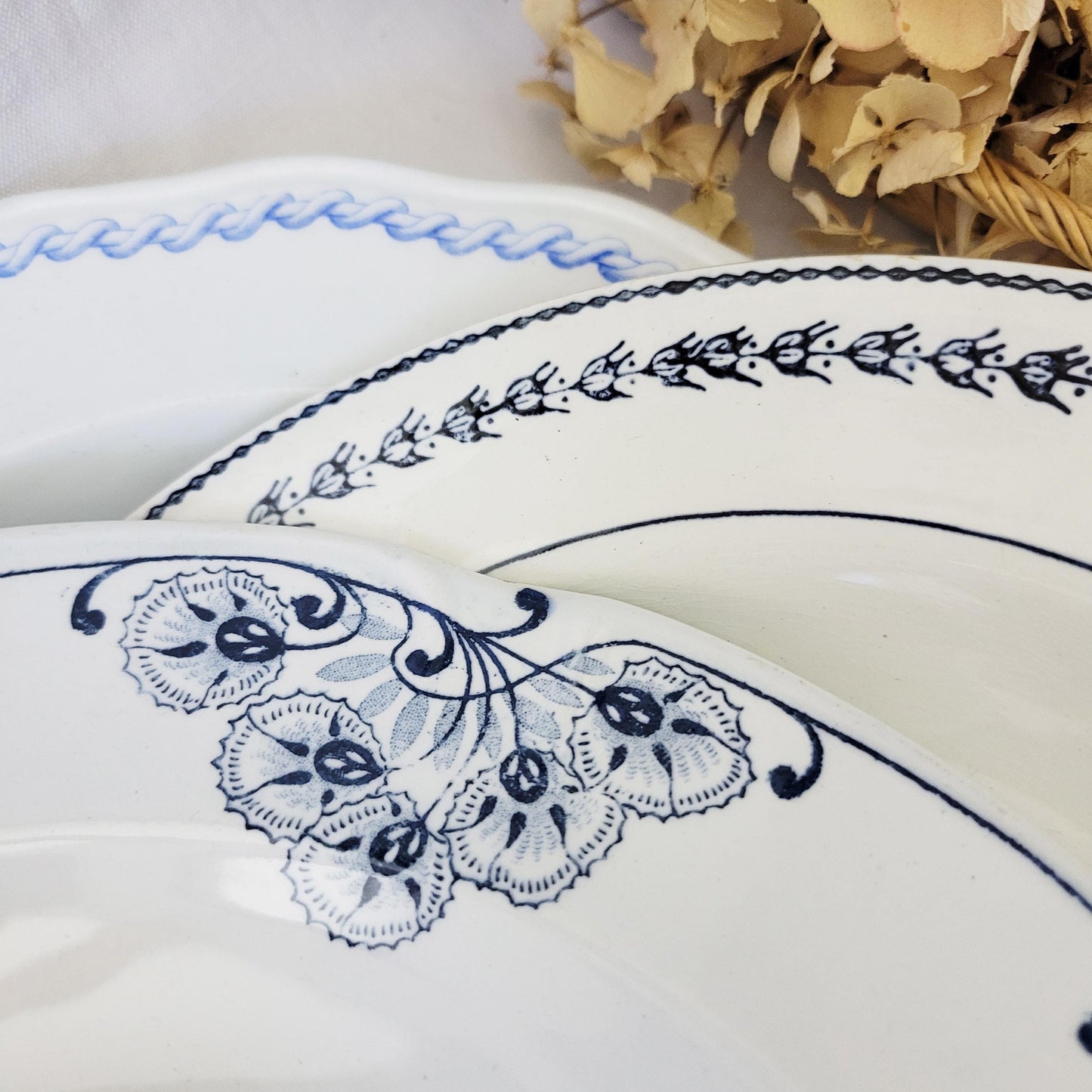 Antique French Mismatched Ironstone Shabby Wall Plates - Set of 8 Blue Floral Transferware