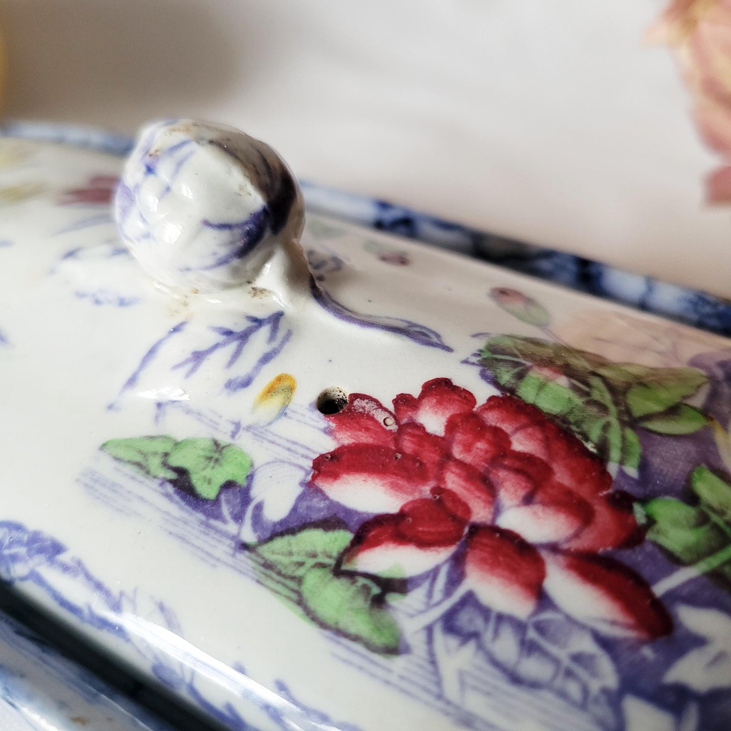 Antique French Floral Lidded Soap Dish: Polychrome Transferware, c1890