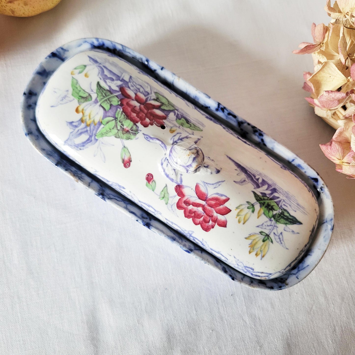 Antique French Floral Lidded Soap Dish: Polychrome Transferware, c1890