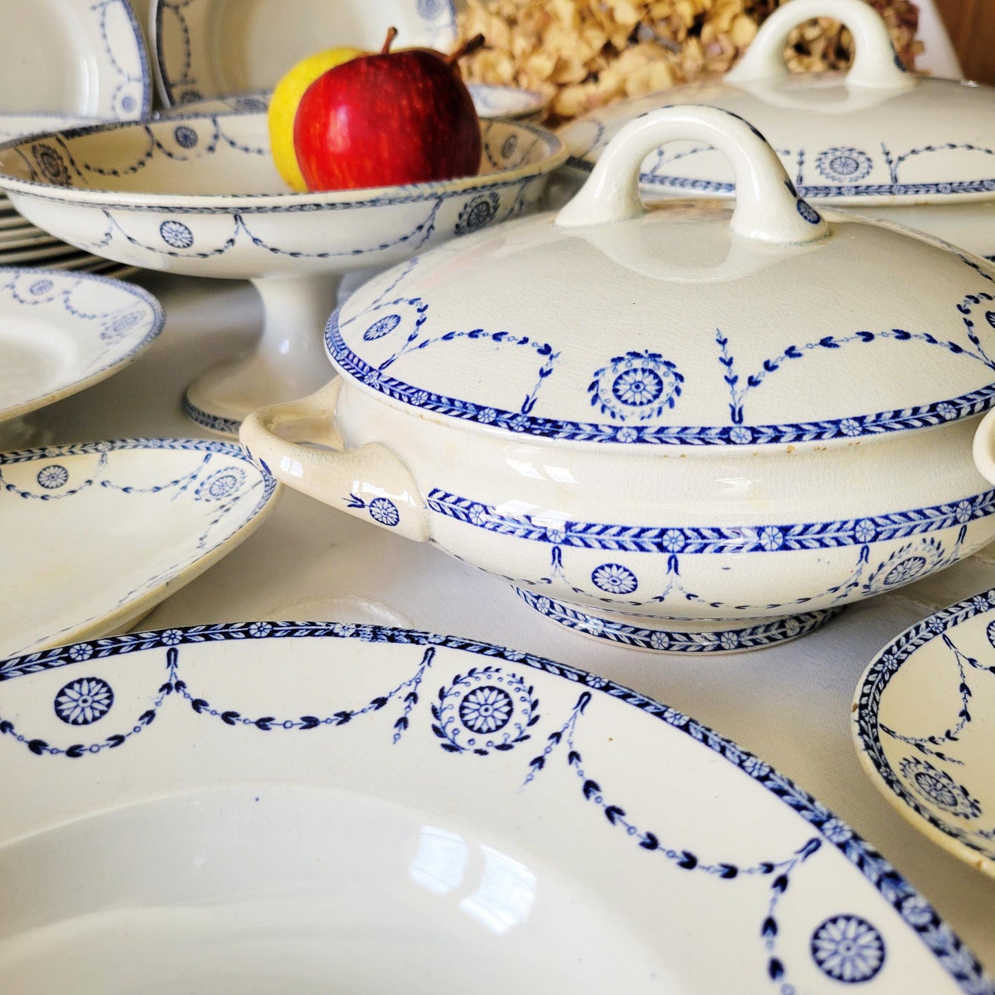 Antique French Ironstone 12-place Dinner Service, Blue Transferware Luneville 'Bonaparte', 30pc