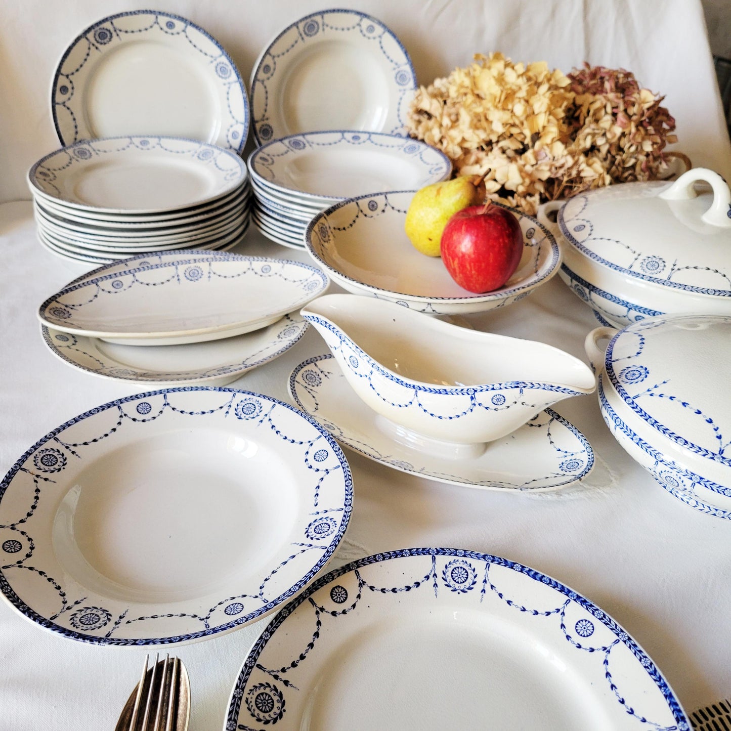 Antique French Ironstone 12-place Dinner Service, Blue Transferware Luneville 'Bonaparte', 30pc