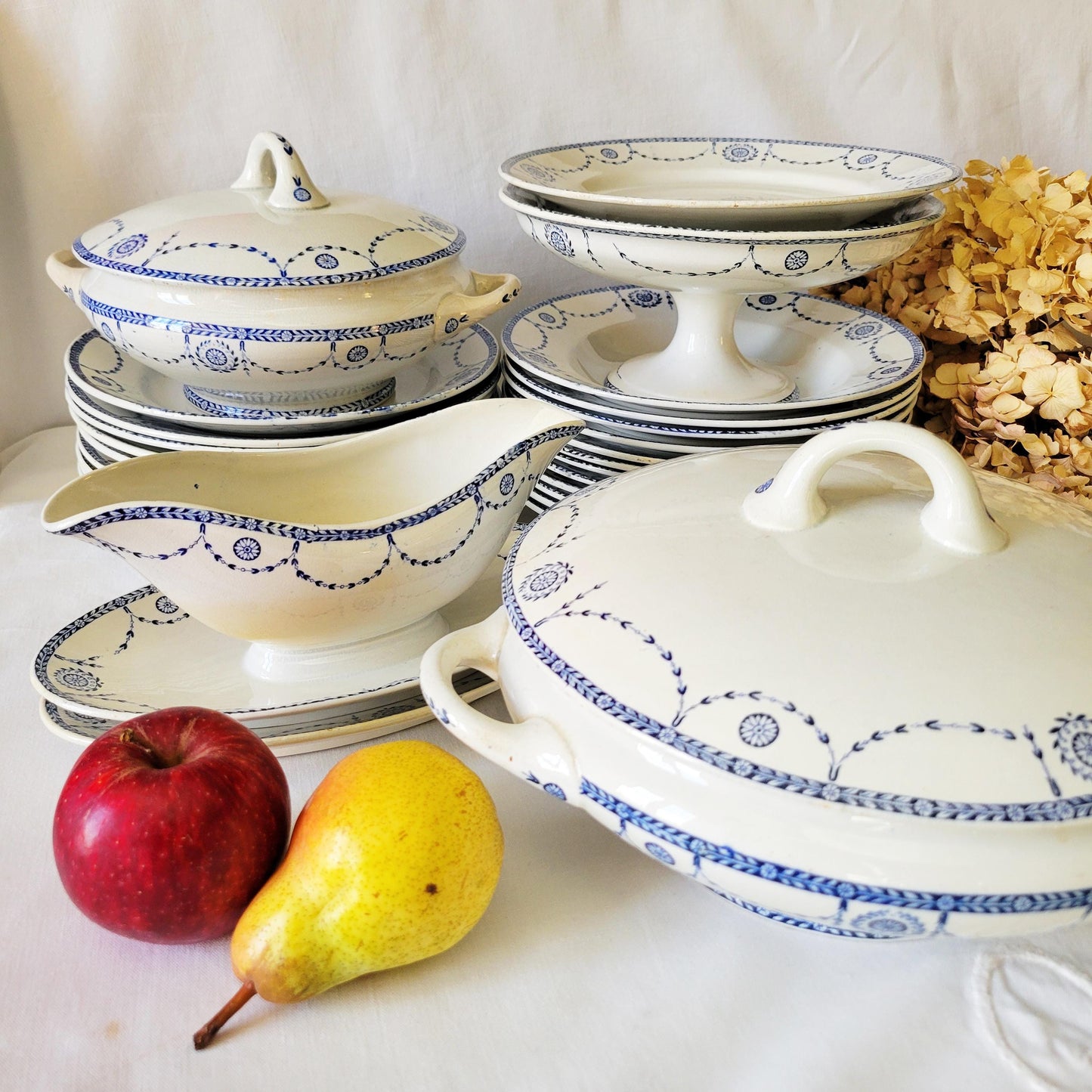 Antique French Ironstone 12-place Dinner Service, Blue Transferware Luneville 'Bonaparte', 30pc