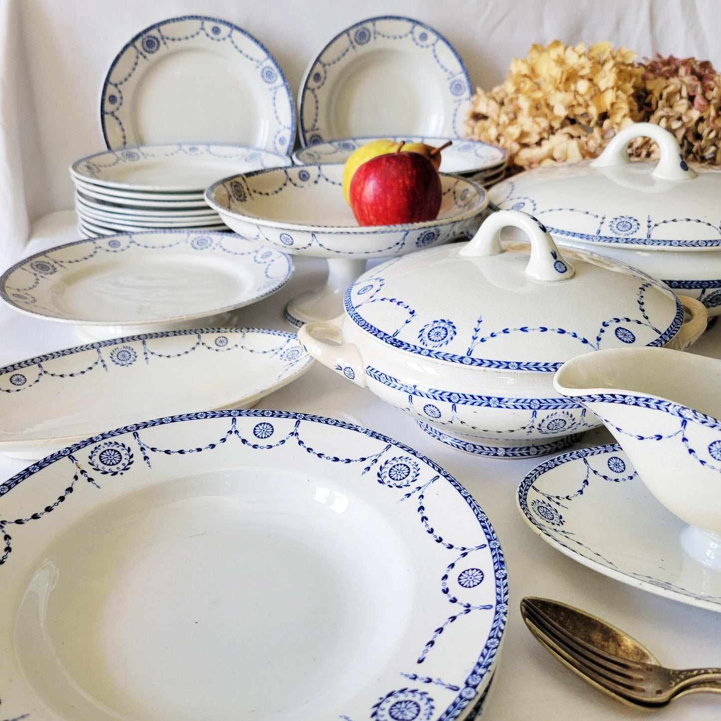 Antique French Ironstone 12-place Dinner Service, Blue Transferware Luneville 'Bonaparte', 30pc