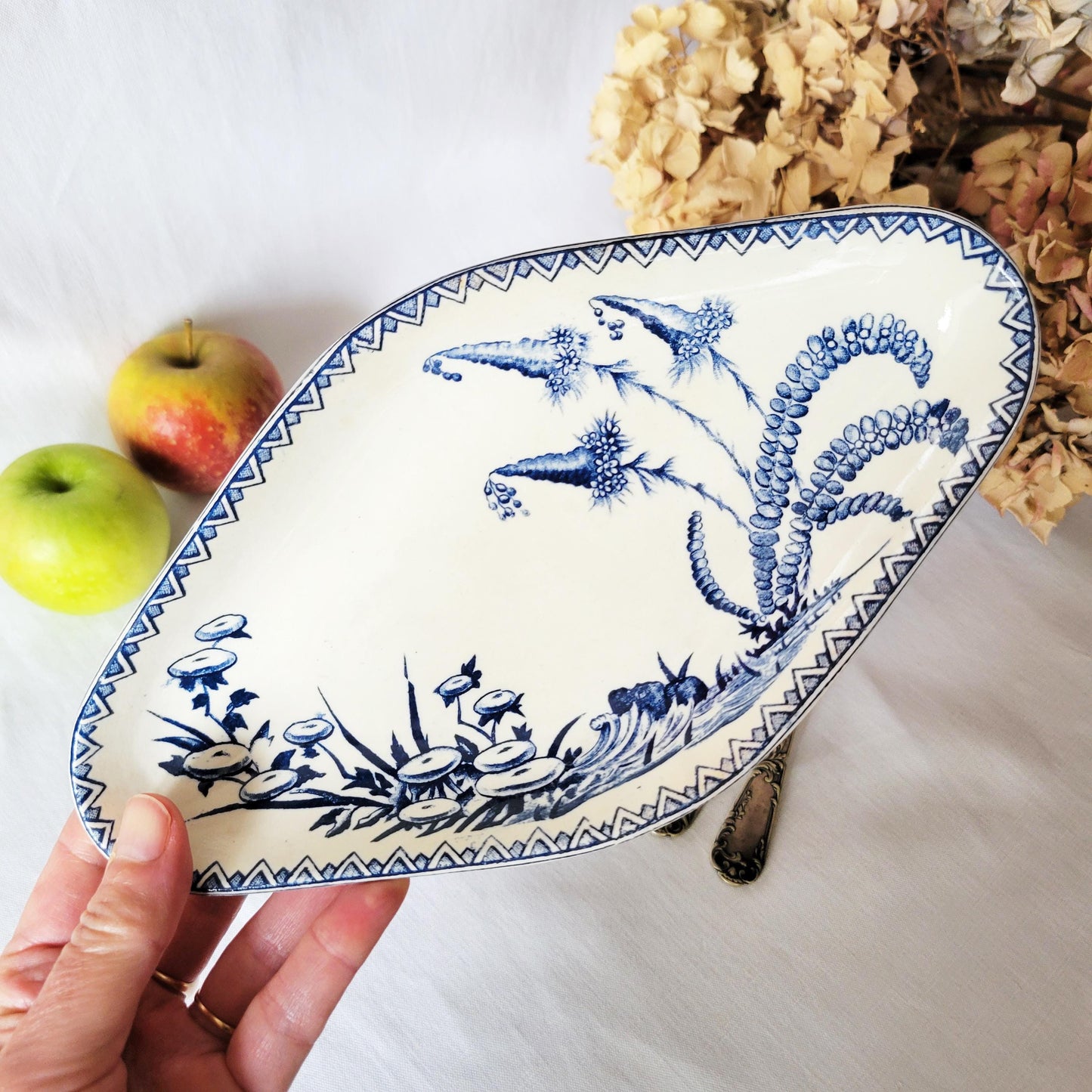 Antique French Ravier Dish: Clairefontaine 'Indiana' Pattern Blue Floral Plate