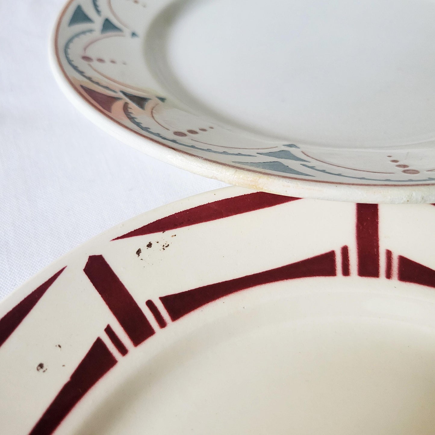 SET of 6 mismatched red/green transferware ironstone small dinner plates, French vintage, Badonviller, Sarreguemines, St Amand