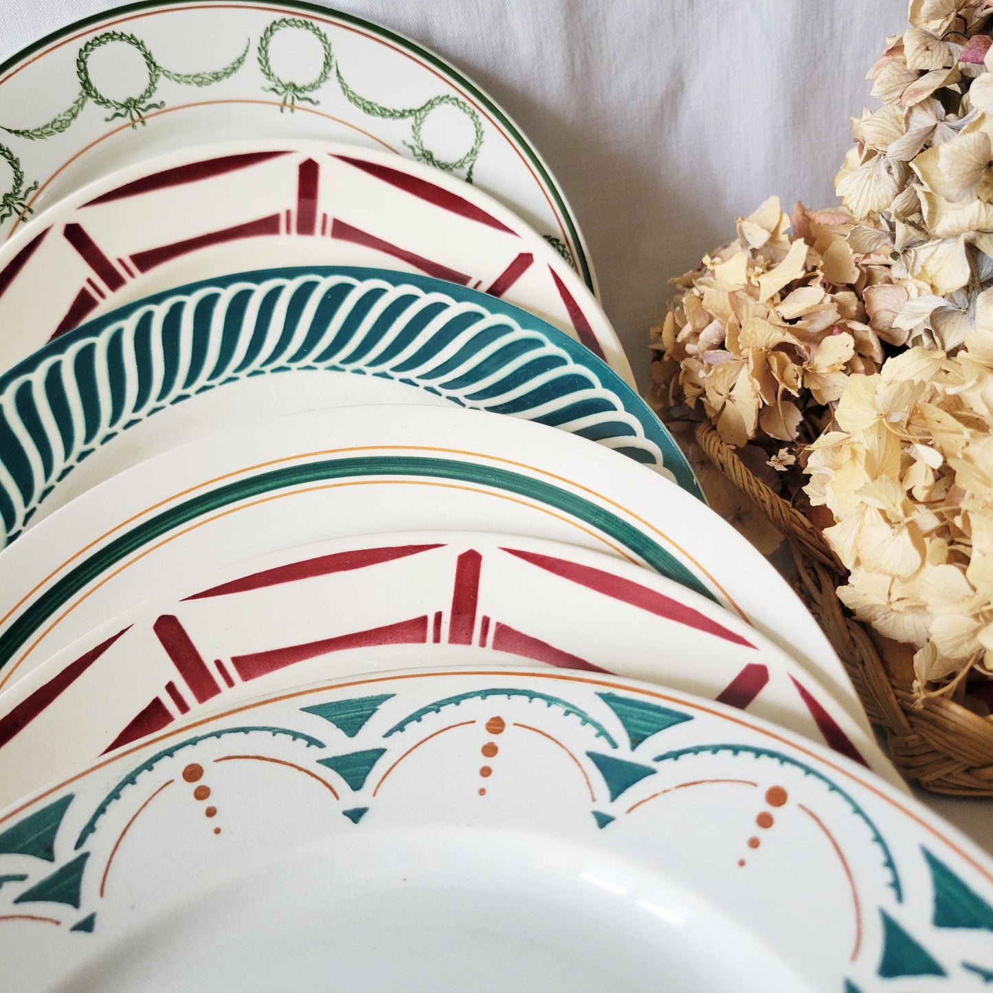 SET of 6 mismatched red/green transferware ironstone small dinner plates, French vintage, Badonviller, Sarreguemines, St Amand