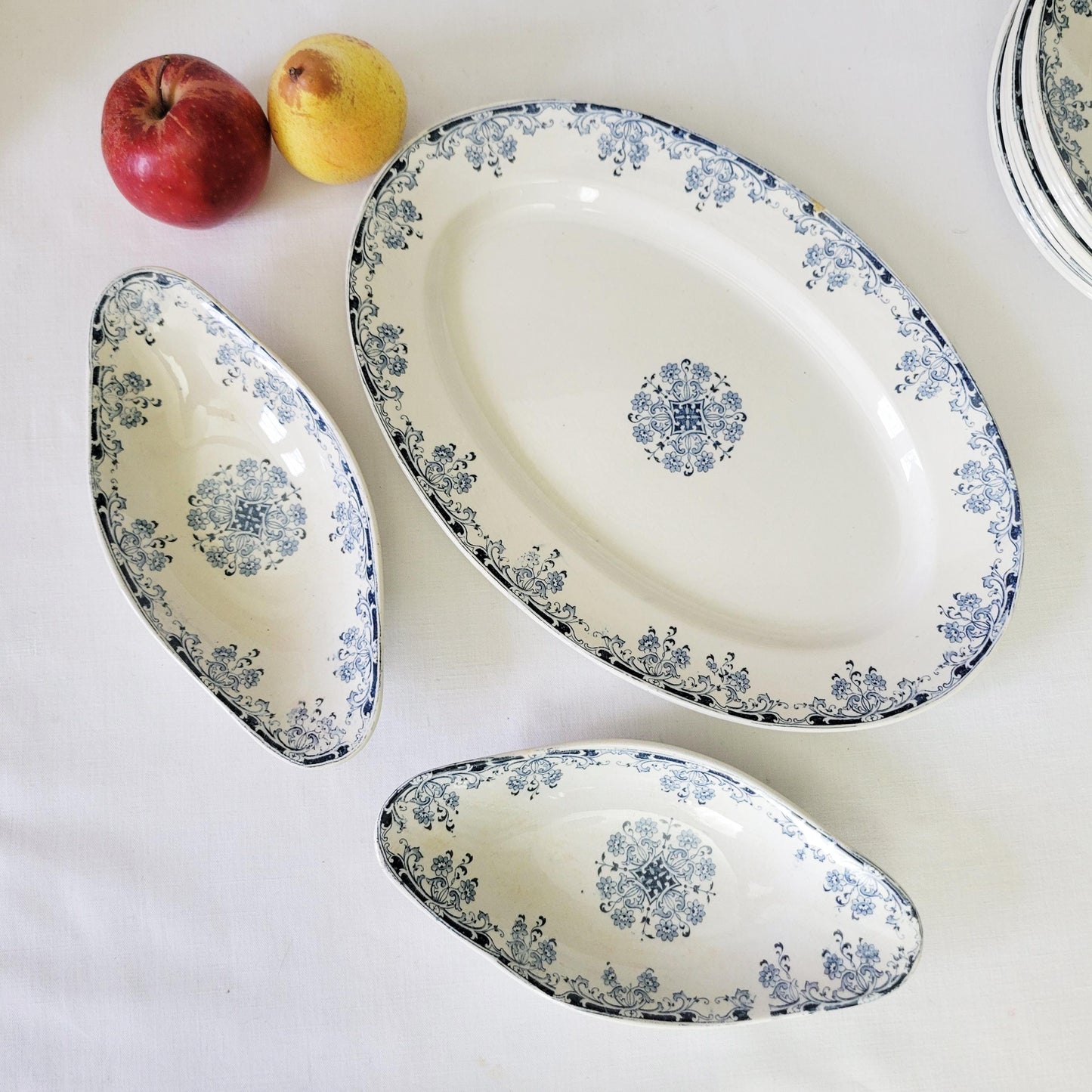 Antique Sarreguemines Dinner Service: French Blue White Transferware, 8 places