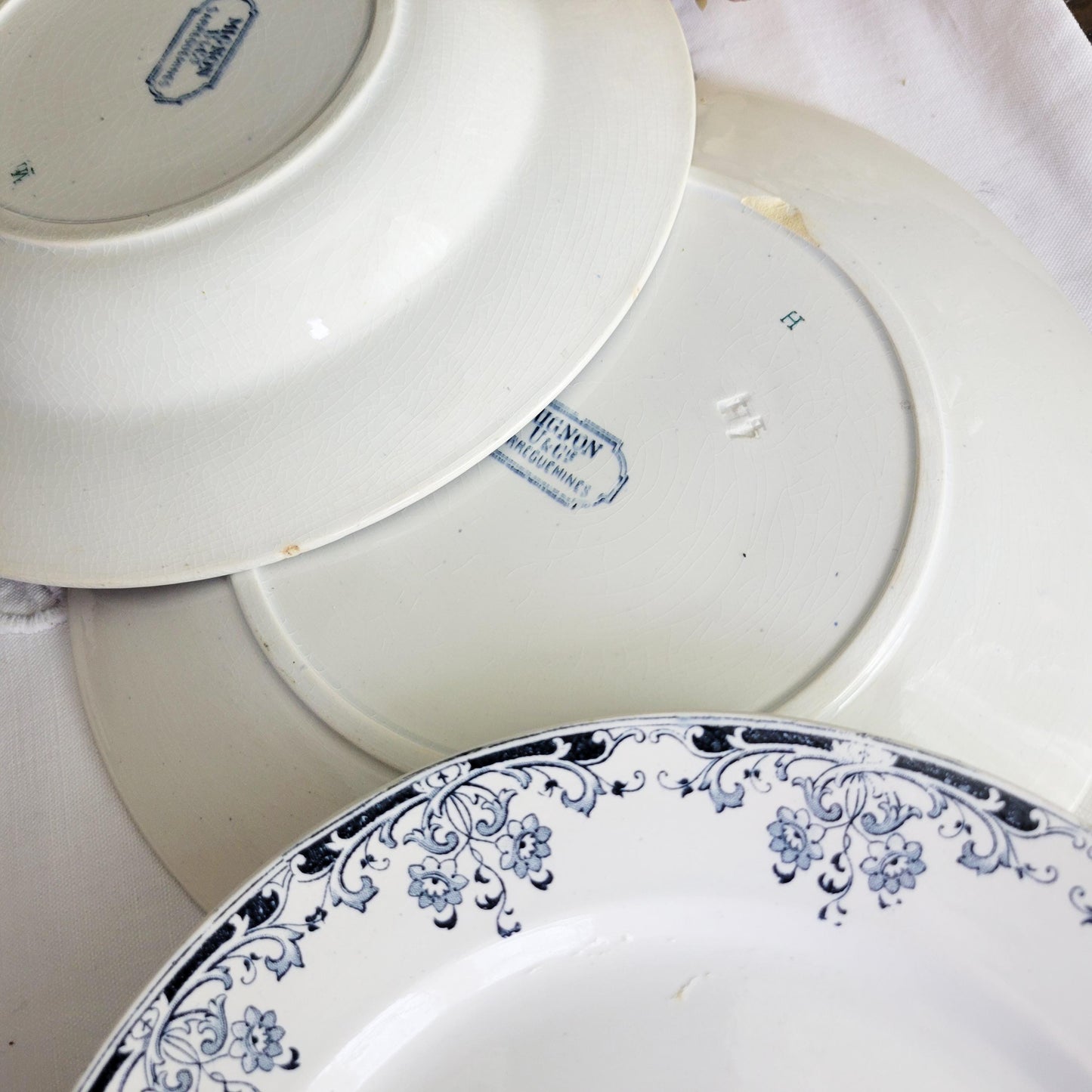 Antique Sarreguemines Dinner Service: French Blue White Transferware, 8 places