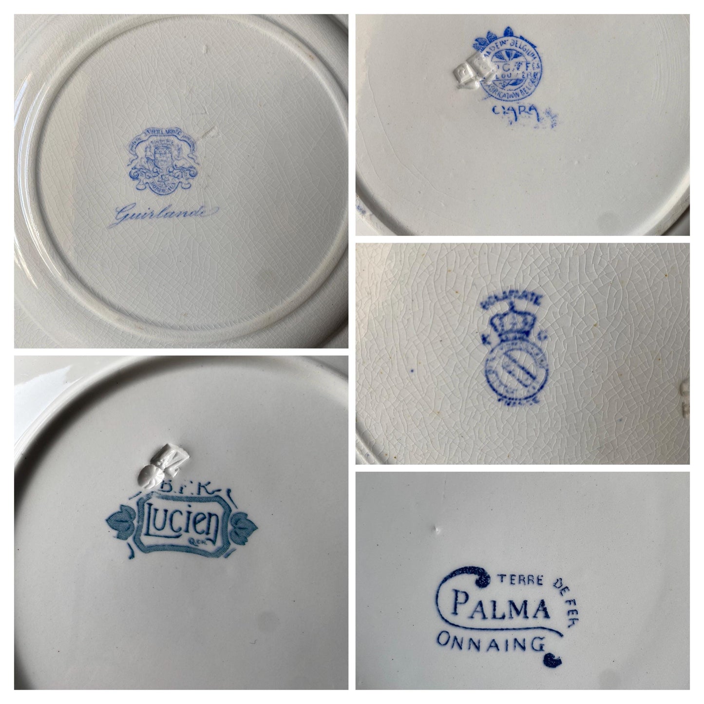 Antique French Ironstone Mismatched Dinner Plates - Blue & White Transferware Cottage Style, Set of 6