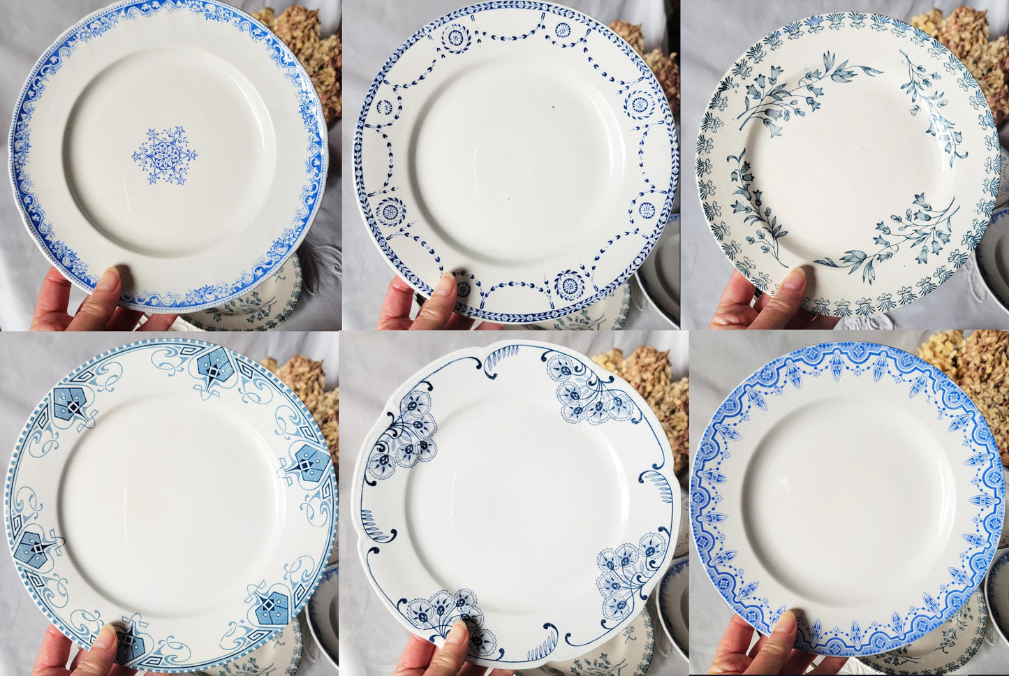 Antique French Ironstone Mismatched Dinner Plates - Blue & White Transferware Cottage Style, Set of 6