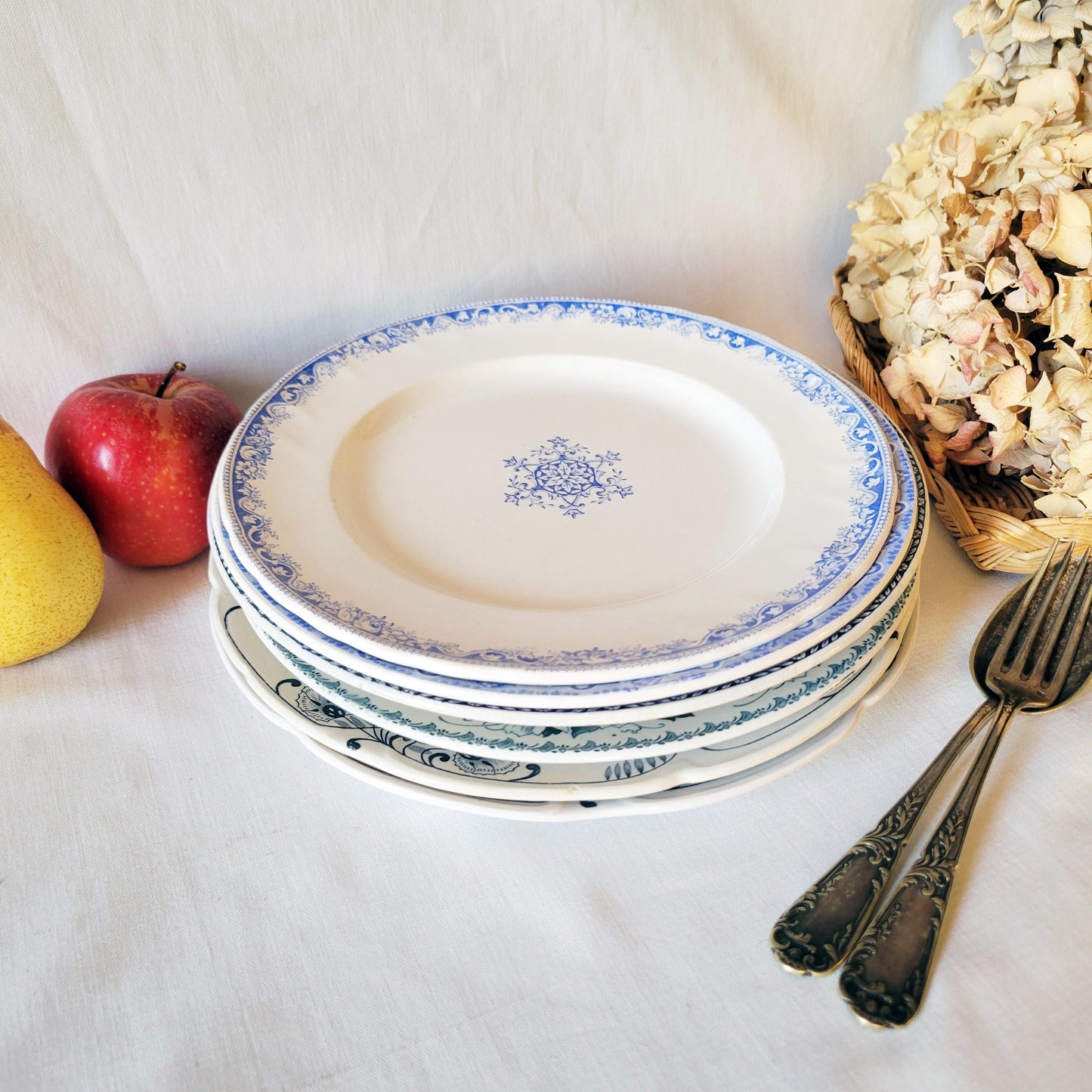 Antique French Ironstone Mismatched Dinner Plates - Blue & White Transferware Cottage Style, Set of 6