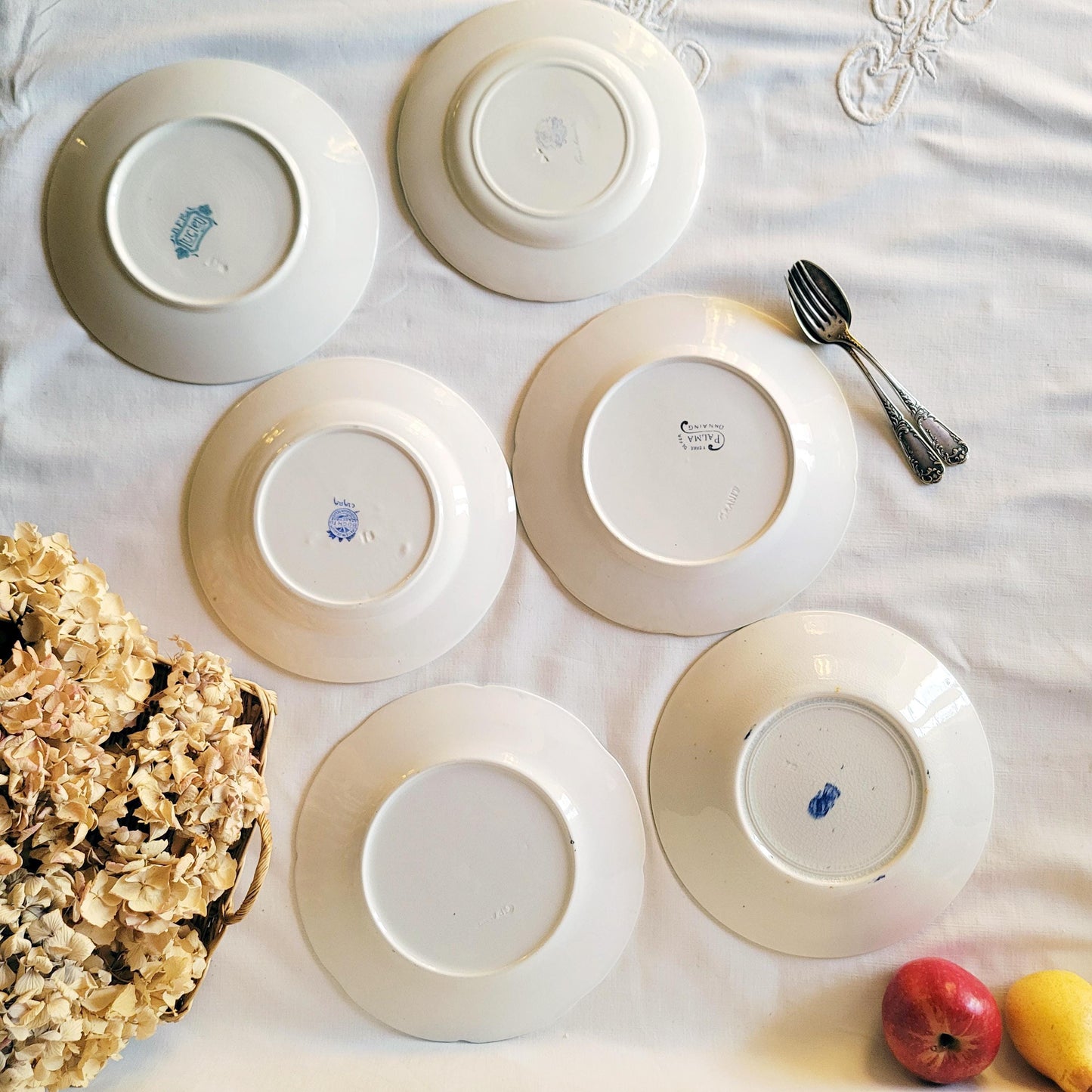 Antique French Ironstone Mismatched Dinner Plates - Blue & White Transferware Cottage Style, Set of 6