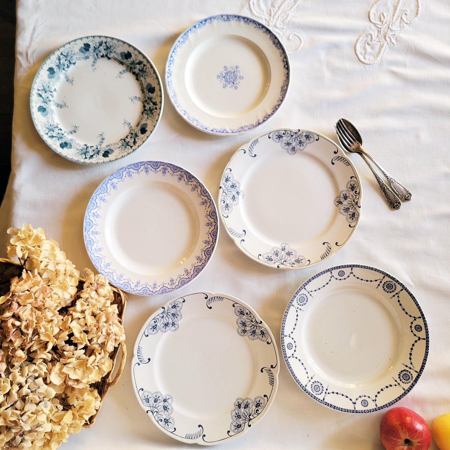 Antique French Ironstone Mismatched Dinner Plates - Blue & White Transferware Cottage Style, Set of 6