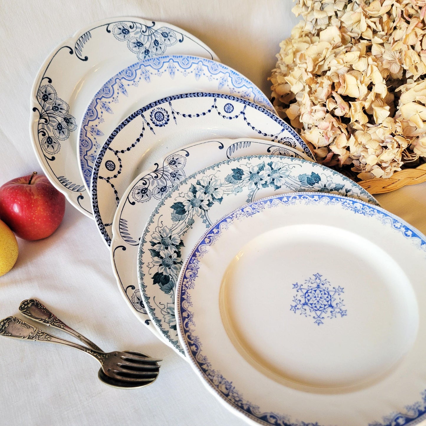 Antique French Ironstone Mismatched Dinner Plates - Blue & White Transferware Cottage Style, Set of 6