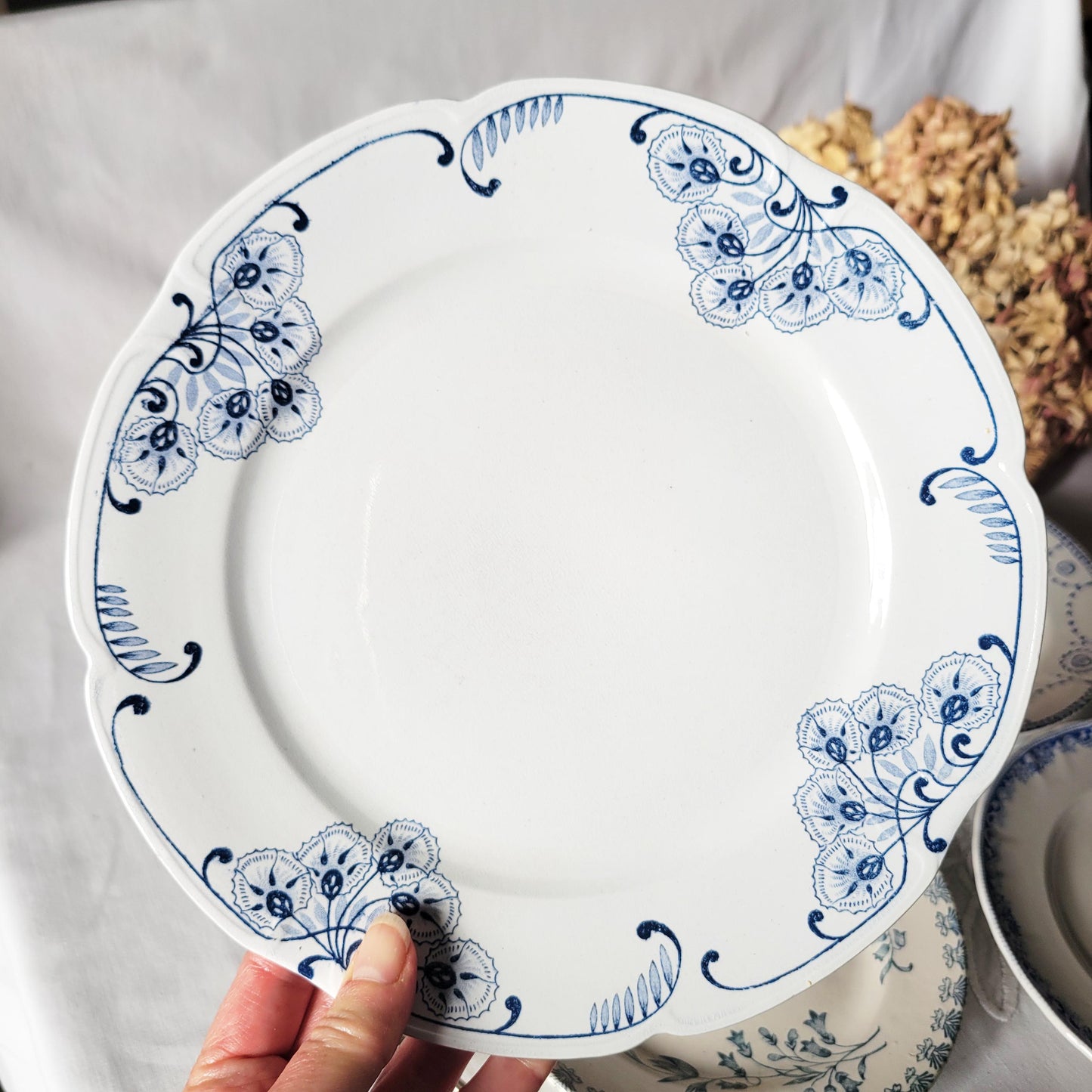 Antique French Ironstone Mismatched Dinner Plates - Blue & White Transferware Cottage Style, Set of 6
