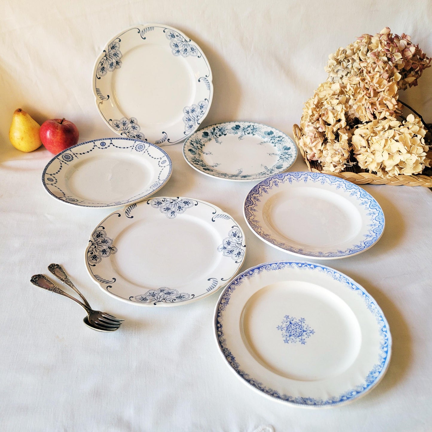 Antique French Ironstone Mismatched Dinner Plates - Blue & White Transferware Cottage Style, Set of 6