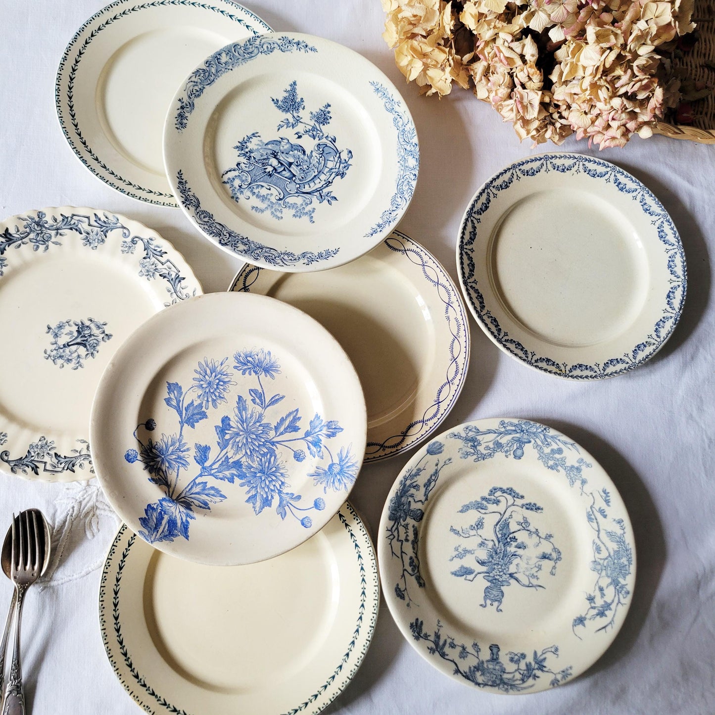 Antique French Ironstone Dinner Plates: Blue Transferware, Mismatched Set of 8