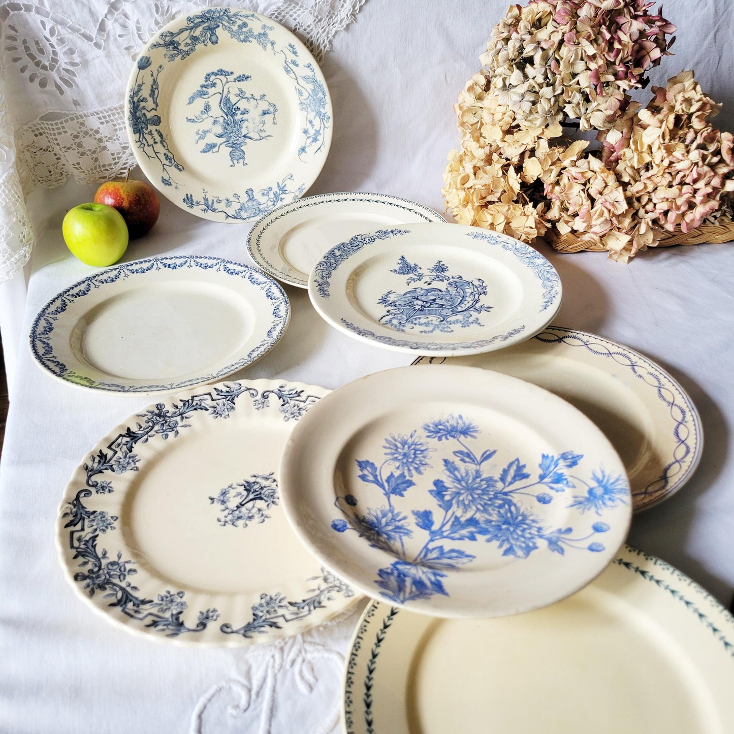 Antique French Ironstone Dinner Plates: Blue Transferware, Mismatched Set of 8