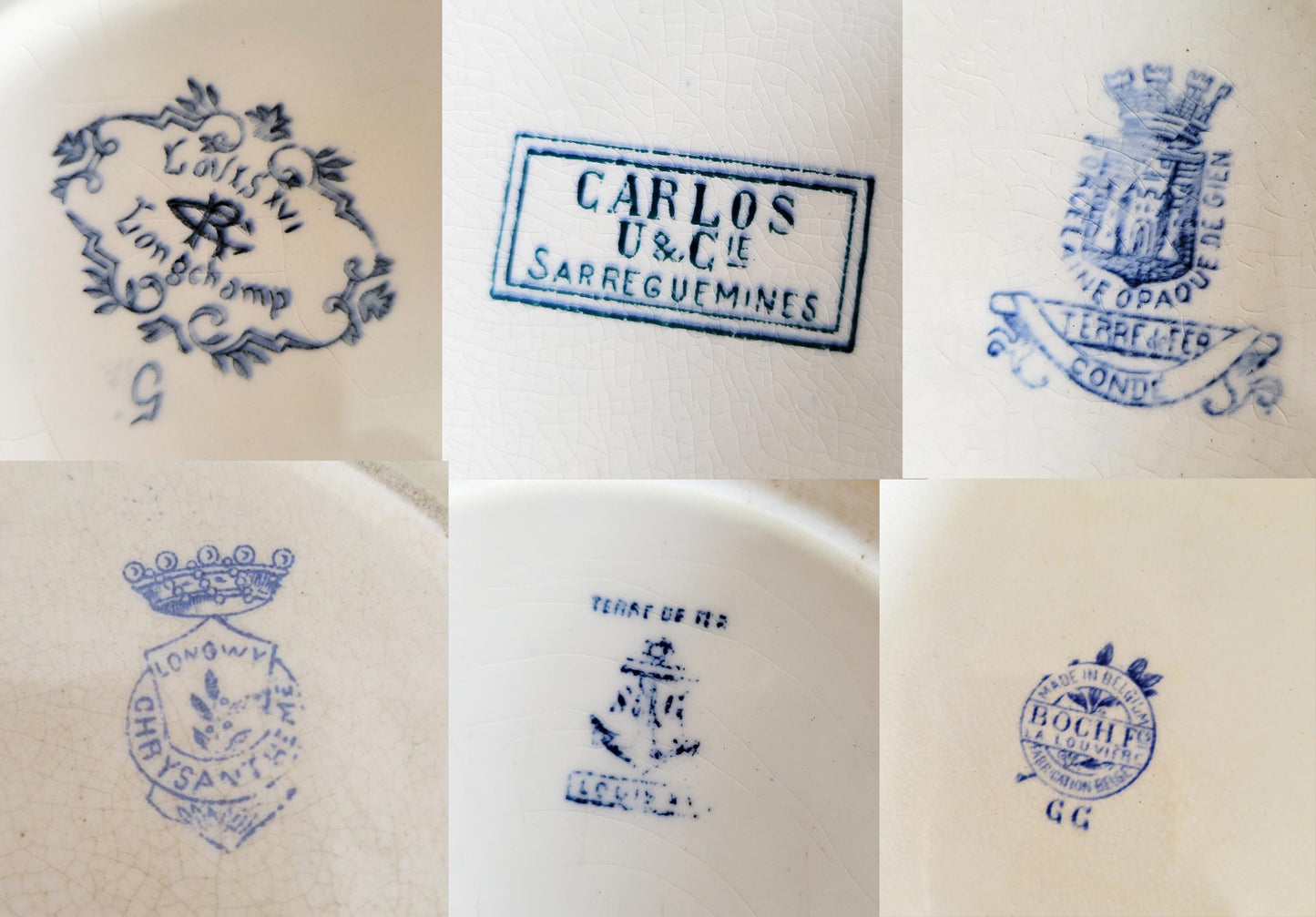 Antique French Ironstone Dinner Plates: Blue Transferware, Mismatched Set of 8