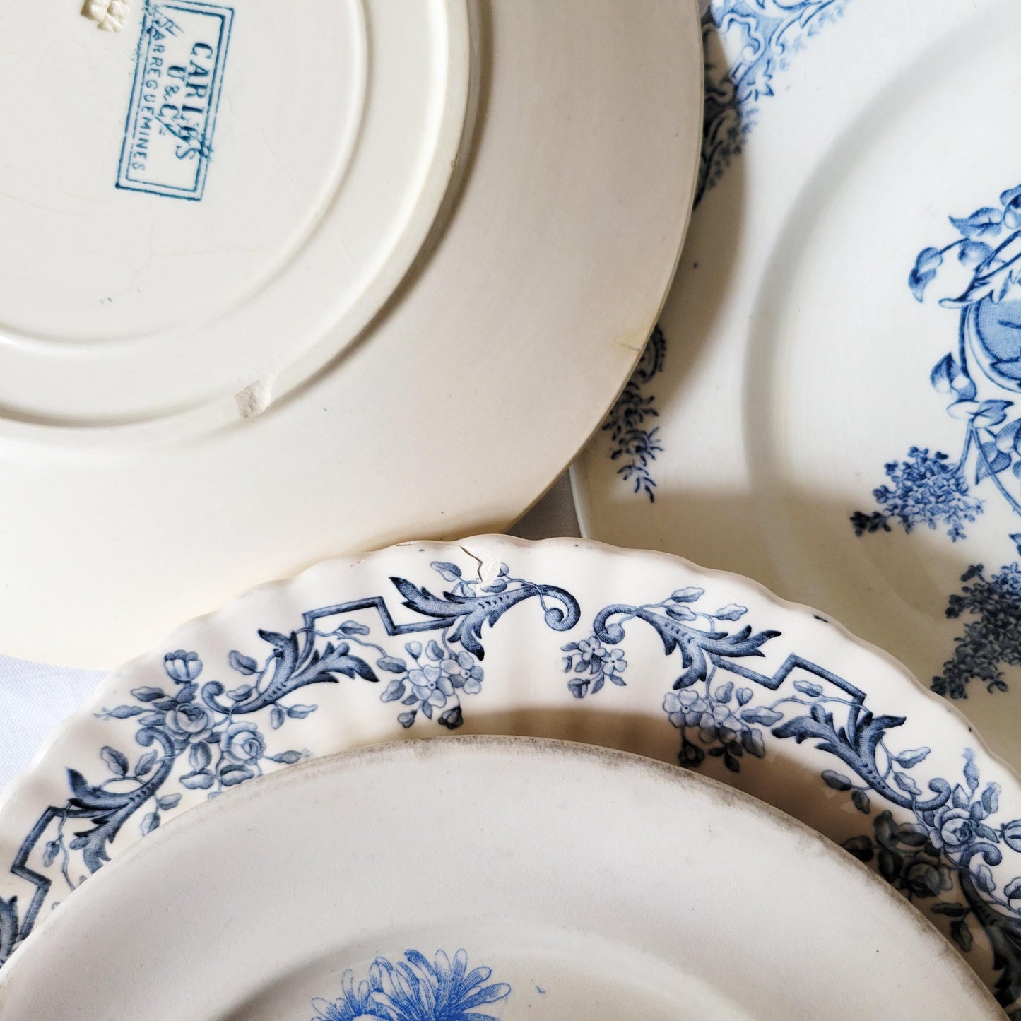 Antique French Ironstone Dinner Plates: Blue Transferware, Mismatched Set of 8