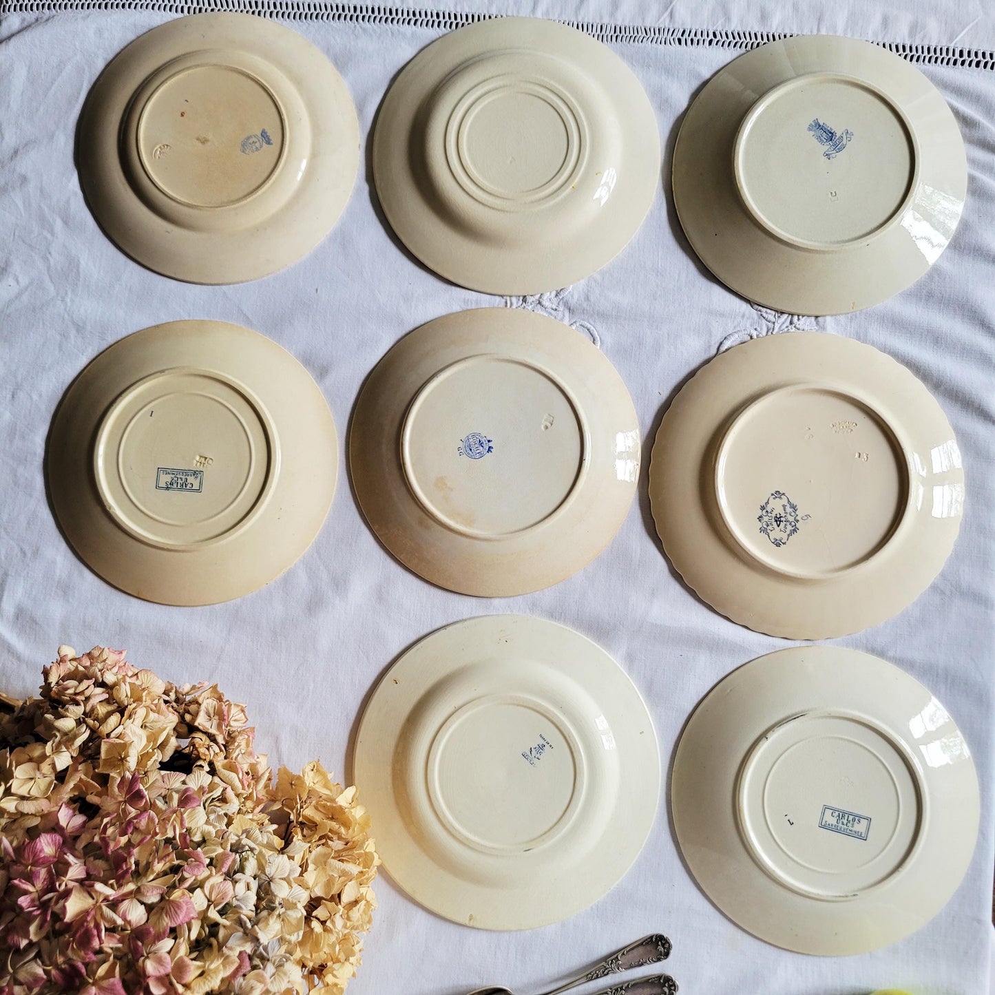 Antique French Ironstone Dinner Plates: Blue Transferware, Mismatched Set of 8