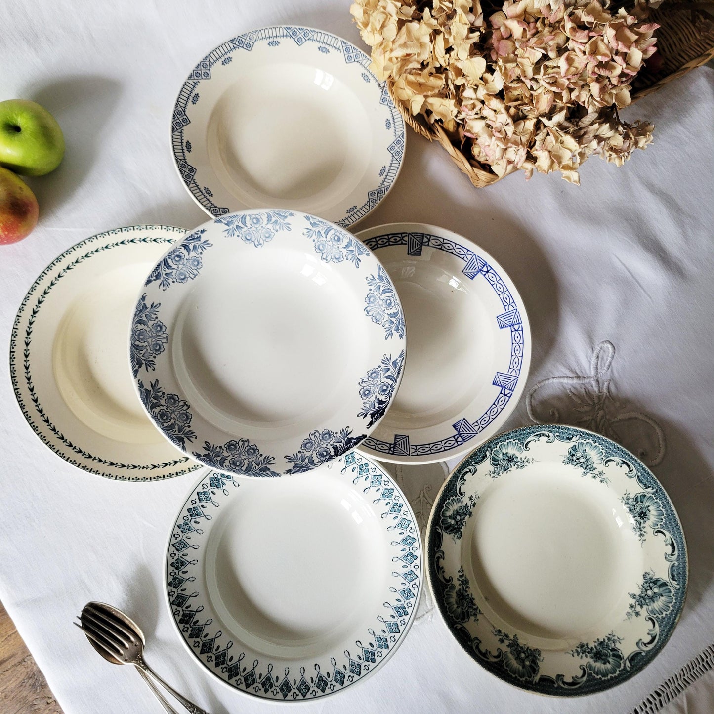 Antique French Soup Plates Set of 6: Mismatched Blue Floral Transferware