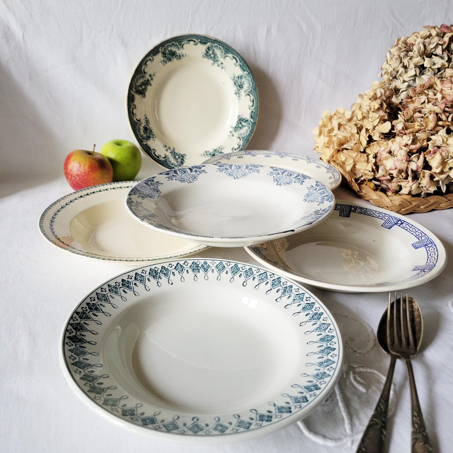 Antique French Soup Plates Set of 6: Mismatched Blue Floral Transferware