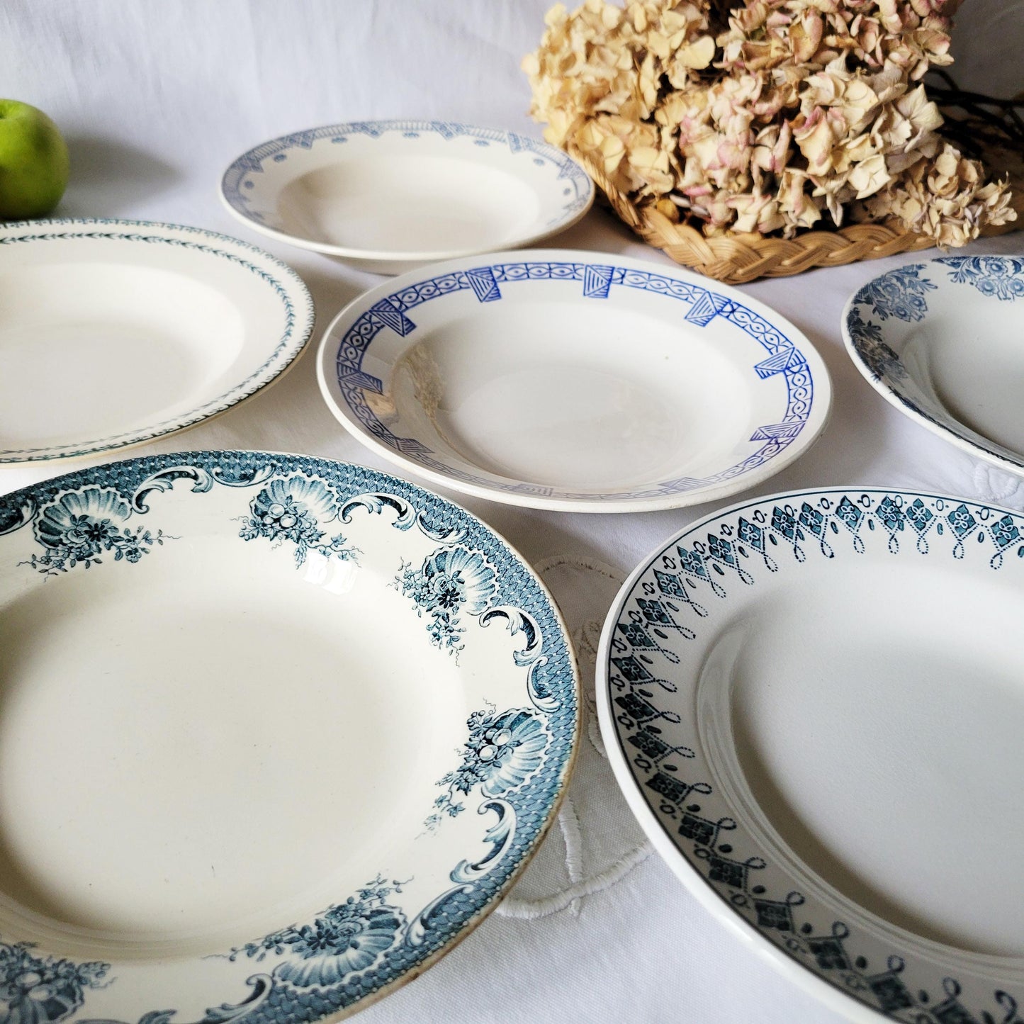 Antique French Soup Plates Set of 6: Mismatched Blue Floral Transferware