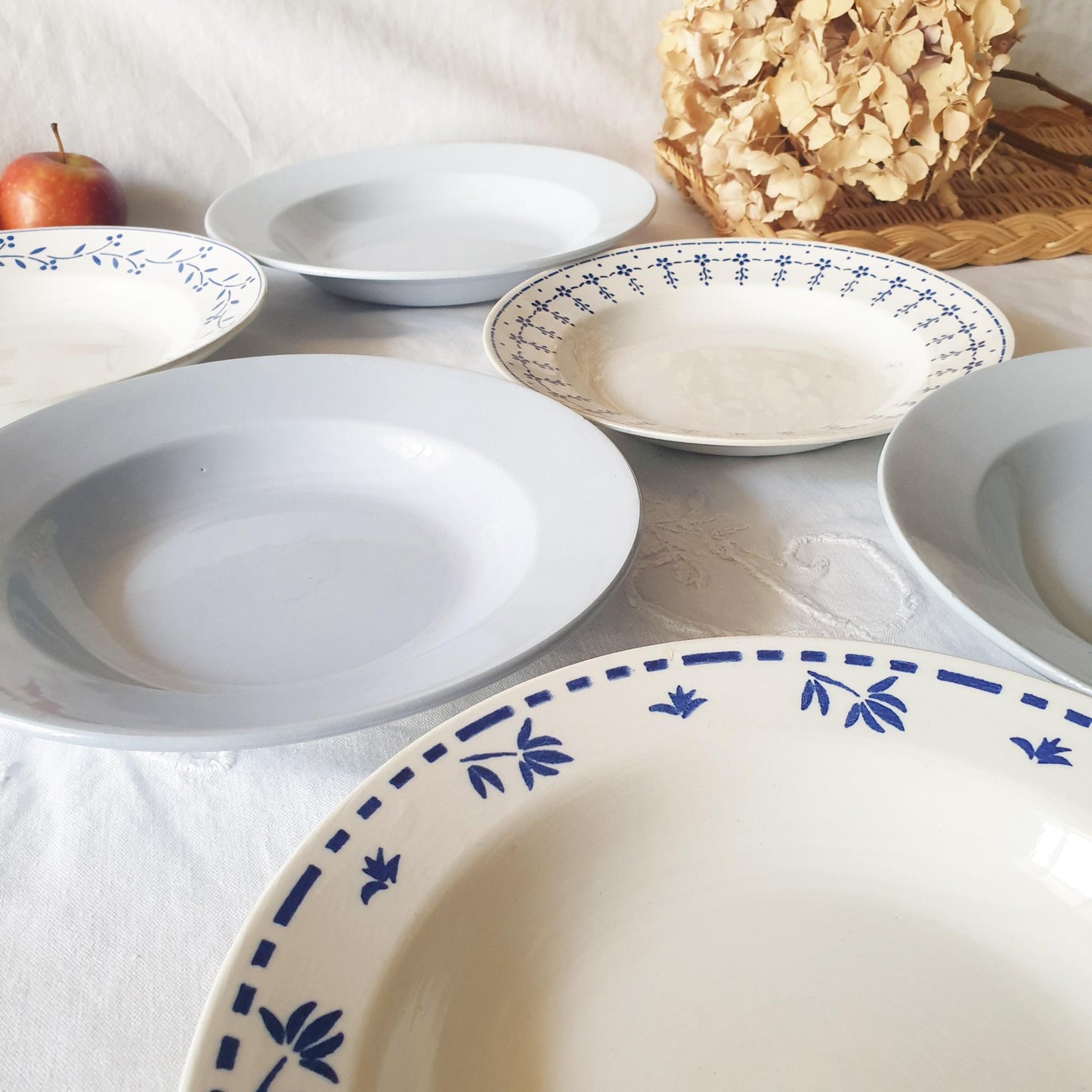 French Blue Transferware Soup Bowls, Mismatched Set of 6, Farmhouse Decor