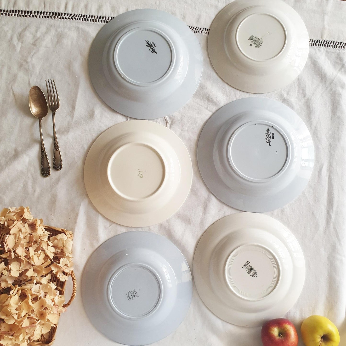 French Blue Transferware Soup Bowls, Mismatched Set of 6, Farmhouse Decor