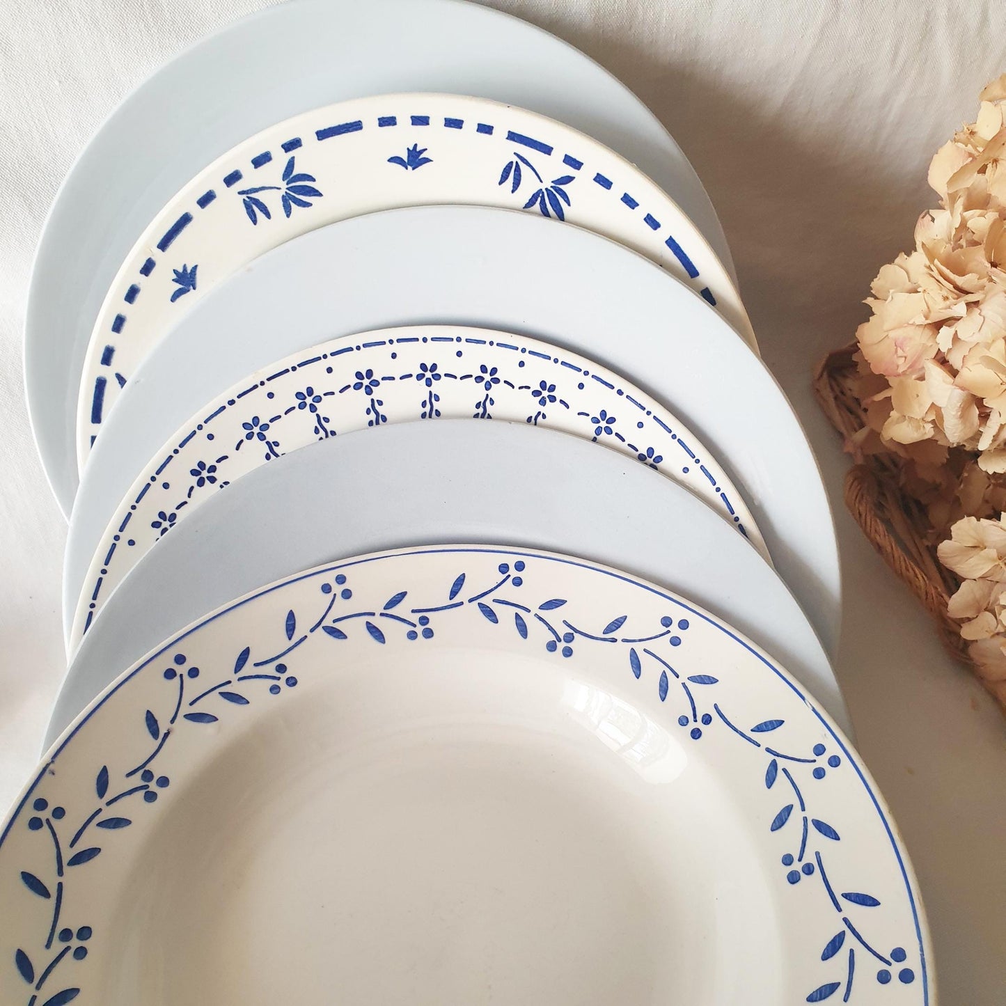 French Blue Transferware Soup Bowls, Mismatched Set of 6, Farmhouse Decor