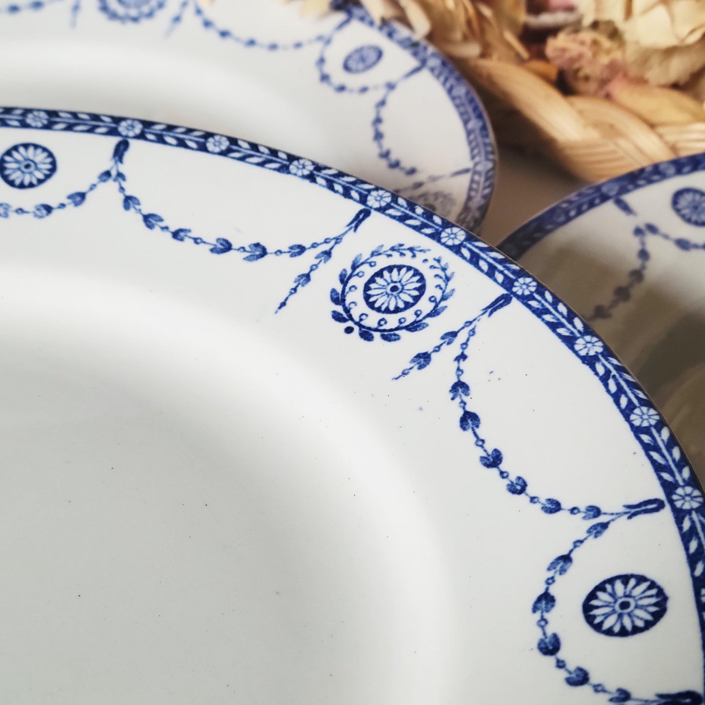 Antique French Dinner Plates Set: Blue Transferware Neoclassical 'Bonaparte' Design