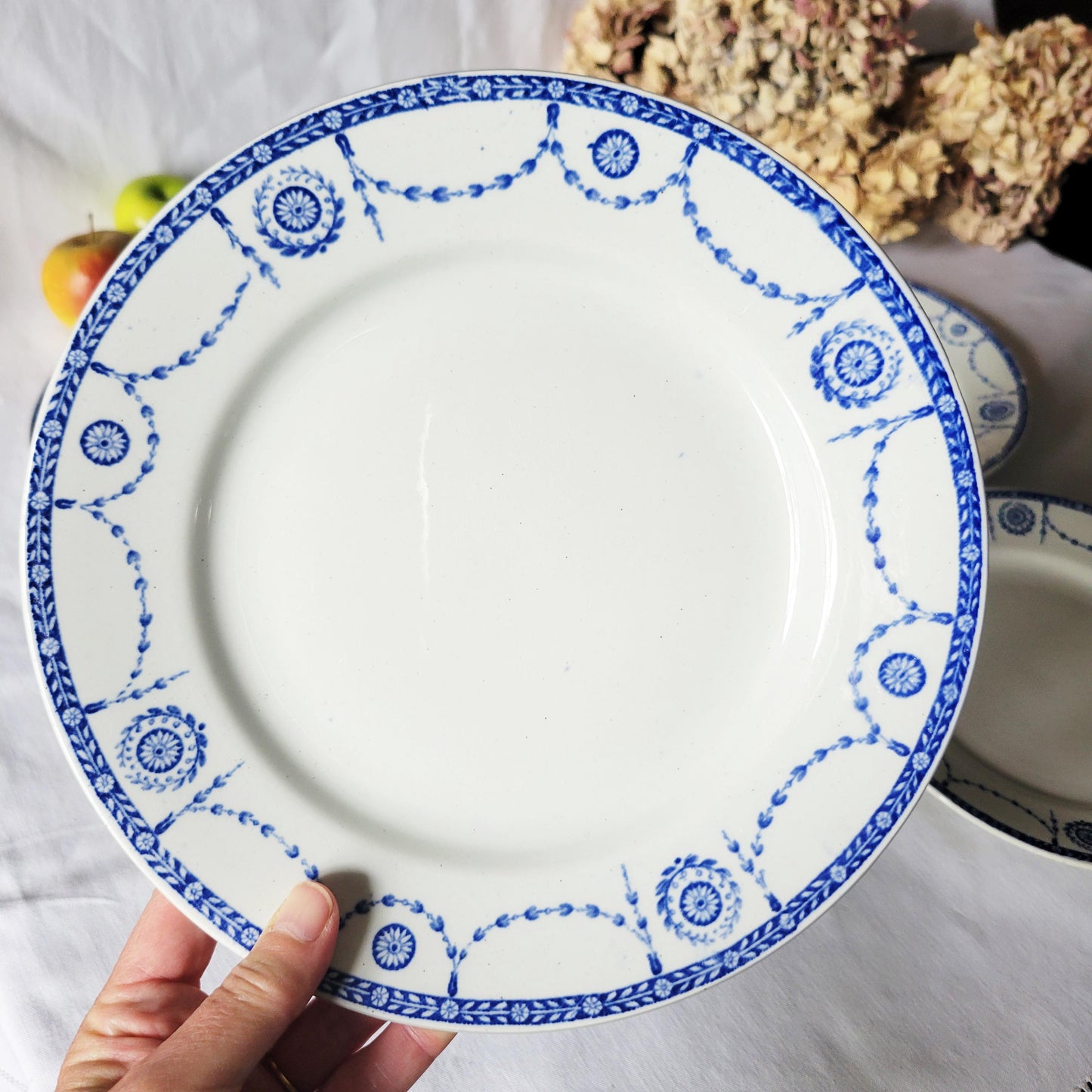 Antique French Dinner Plates Set: Blue Transferware Neoclassical 'Bonaparte' Design