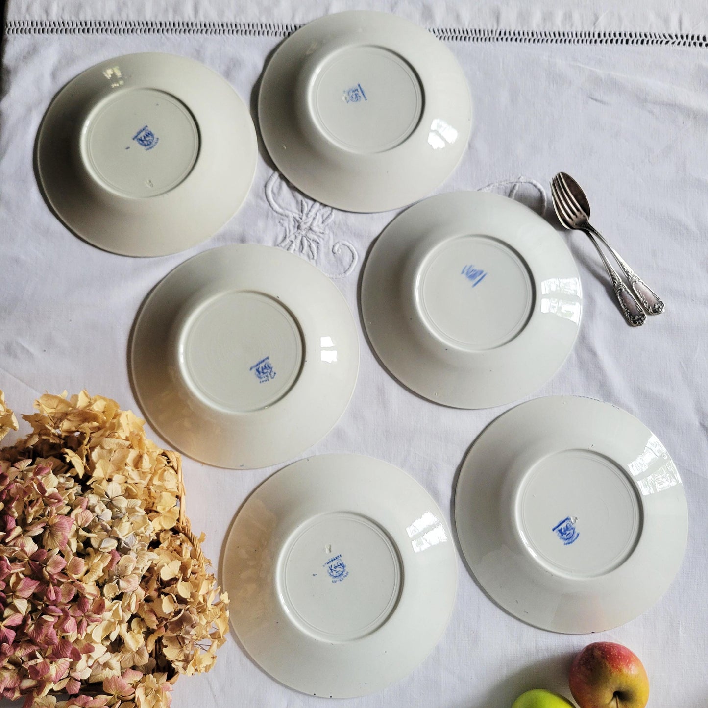 Antique French Dinner Plates Set: Blue Transferware Neoclassical 'Bonaparte' Design