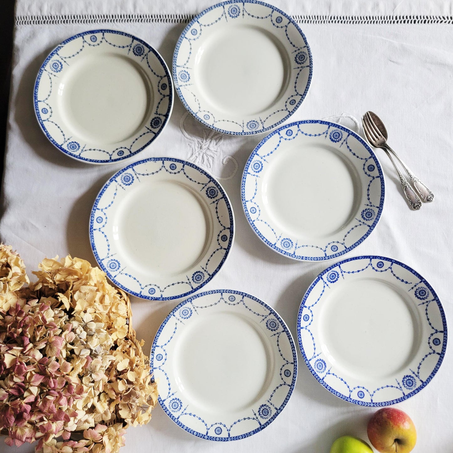Antique French Dinner Plates Set: Blue Transferware Neoclassical 'Bonaparte' Design